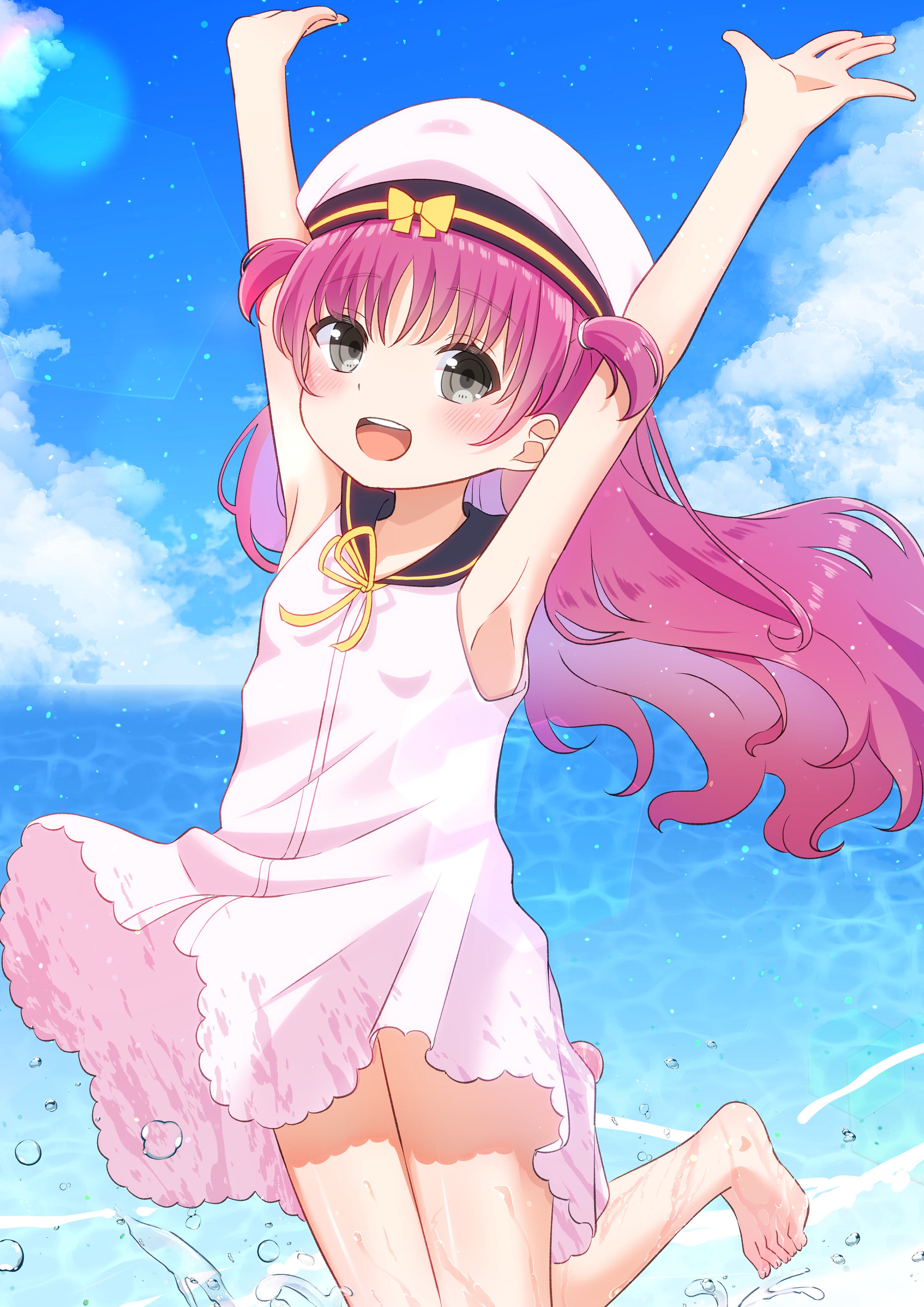 katou umi, summer pockets, absurdres, commentary, highres, 1girl, :d, armpits, arms up, bare arms, barefoot, black sailor collar, blue sky, blush, bow, clothes lift, cloud, cumulonimbus cloud, day, dress, dress lift, floating hair, foot out of frame, grey eyes, hair between eyes, happy, hat, hat bow, long hair, looking at viewer, maka celery, ocean, open mouth, outdoors, pink hair, ribbon, ringed eyes, sailor collar, sailor dress, sailor hat, short dress, sky, slashing, sleeveless, sleeveless dress, smile, solo, standing, standing on one leg, teeth, thighs, two side up, upper teeth only, very long hair, water, water drop, wet, white dress, white hat, yellow bow, yellow ribbon