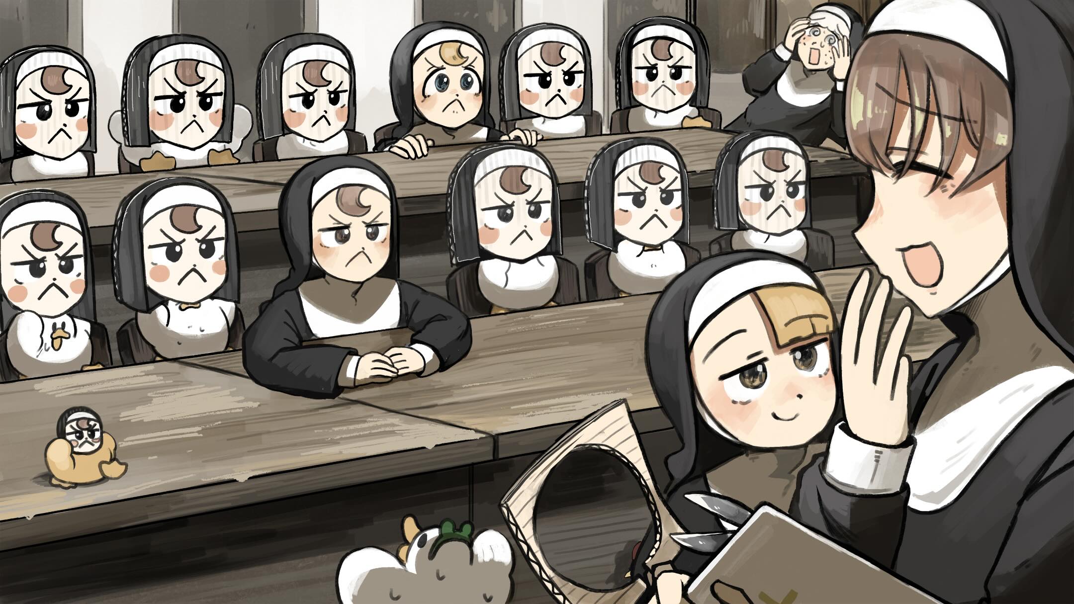 diva (hyxpk), clumsy nun (diva), froggy nun (diva), sheep nun (diva), shy nun (diva), spicy nun (diva), little nuns (diva), commentary, english commentary, highres, 5girls, :<, :d, @ @, alternate hairstyle, baby animal, bird, blonde hair, blue eyes, brown eyes, brown hair, cardboard cutout, chicken, duck, duckling, freckles, frog headband, grey hair, mask, multiple girls, nervous sweating, nun, open mouth, scissors, smile, sweat, too many, traditional nun, yellow eyes