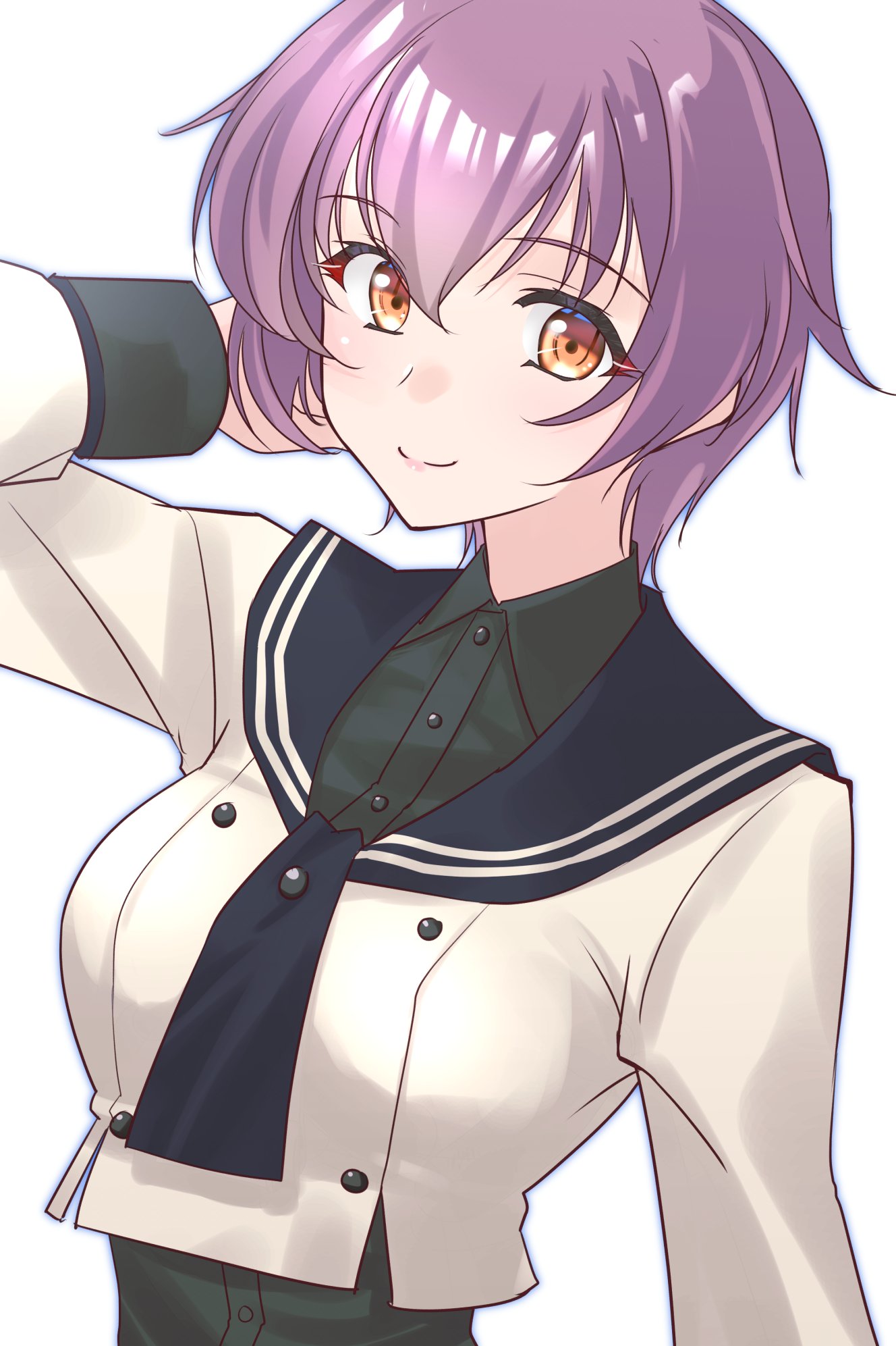 tsukasa (tukasa br), noshiro (kancolle), noshiro kai ni (kancolle), sakawa (kancolle), kantai collection, highres, 1girl, black neckerchief, black sailor collar, black shirt, collared shirt, cosplay, neckerchief, noshiro (kancolle) (cosplay), noshiro kai ni (kancolle) (cosplay), one-hour drawing challenge, orange eyes, original remodel (kantai collection), purple hair, sailor collar, shirt, short hair, simple background, smile, solo, upper body, white background, white shirt