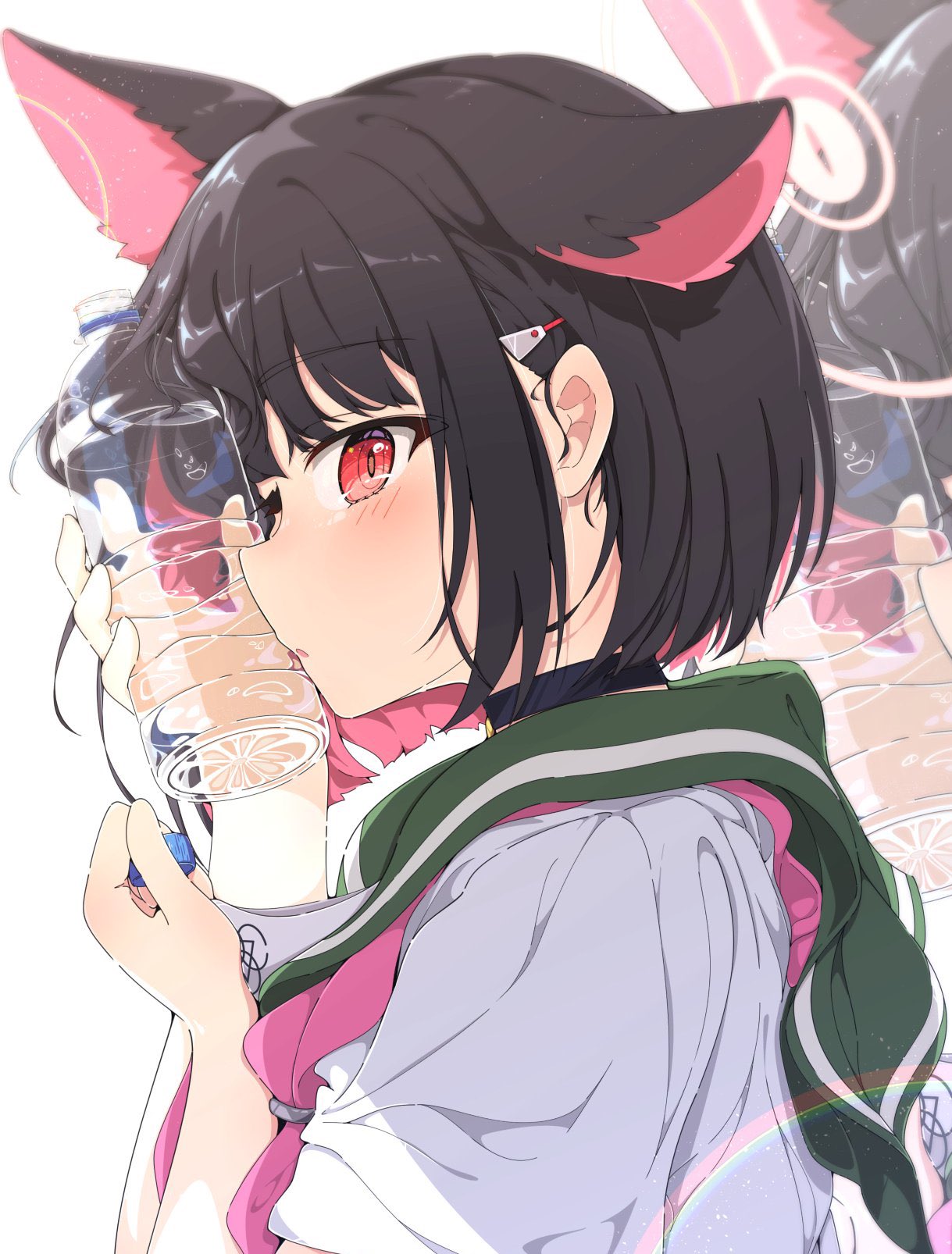 kame (nokonoko10271), kazusa (blue archive), blue archive, highres, 1girl, animal ears, black choker, black hair, blush, bottle, cat ears, choker, colored inner hair, extra ears, green sailor collar, hair ornament, hairclip, halo, holding, holding bottle, looking at viewer, multicolored hair, pink hair, pink halo, red eyes, sailor collar, school uniform, serafuku, short hair, solo, water bottle, white background