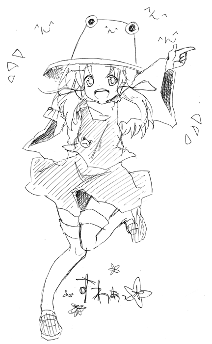 miya (tsumazukanai), moriya suwako, touhou, 1girl, female focus, full body, greyscale, hat, monochrome, sketch, skirt, solo, thighhighs, white background