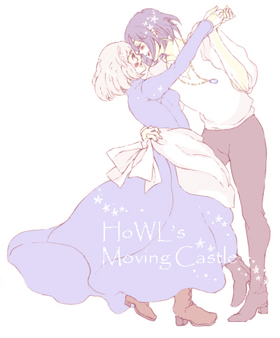 utai yumi, howl, howl pendragon, sophie, sophie hatter, howl no ugoku shiro, studio ghibli, silver hair, lowres, 00s, 1boy, 1girl, apron, blue hair, blush, boots, couple, dancing, dress, happy, hetero, jewelry, pendant, short hair