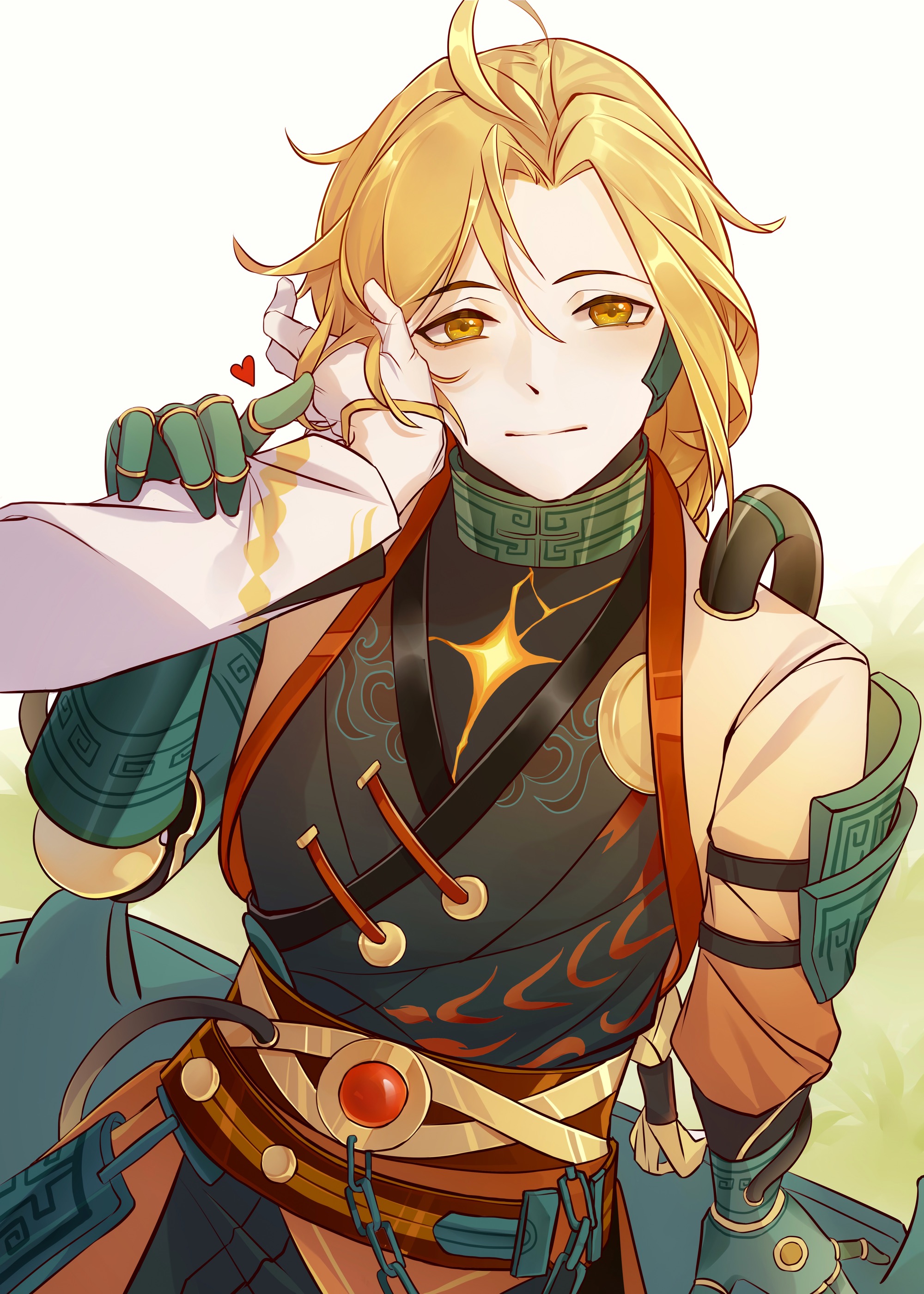 crab in orange (the tale of food), the tale of food, absurdres, chinese commentary, highres, 1boy, ahoge, arm support, armor, black pants, black shirt, blonde hair, braid, cable, celia cir, chinese clothes, closed mouth, cropped jacket, cyborg, fold-over collar, gloves, gradient sleeves, green armor, hand on another's cheek, hand on another's face, heart, holding another's wrist, jacket, light blush, light smile, long hair, long sleeves, looking at viewer, male focus, mechanical arms, open clothes, open jacket, orange jacket, pants, parted bangs, pov, pov hands, red sash, robot ears, sash, shirt, shoulder armor, simple background, single braid, single sleeve, sitting, solo, upper body, very long hair, wallet chain, white background, white gloves, white jacket, yellow eyes