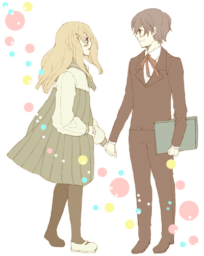 utai yumi, lowres, 1boy, 1girl, blonde hair, blush, couple, dress, formal clothes, hetero, holding hands, pantyhose, school uniform, serafuku, suit