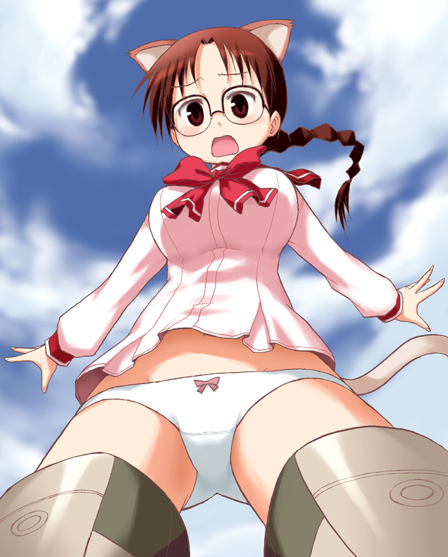 yuuki shin'ichi, hoshina tomoko, strike witches, to heart, to heart (series), world witches series, 1girl, animal ears, bottomless, bow, bow panties, braid, breasts, cat ears, cat tail, crossover, female focus, glasses, large breasts, no pants, panties, parody, school uniform, serafuku, solo, striker unit, tail, underwear