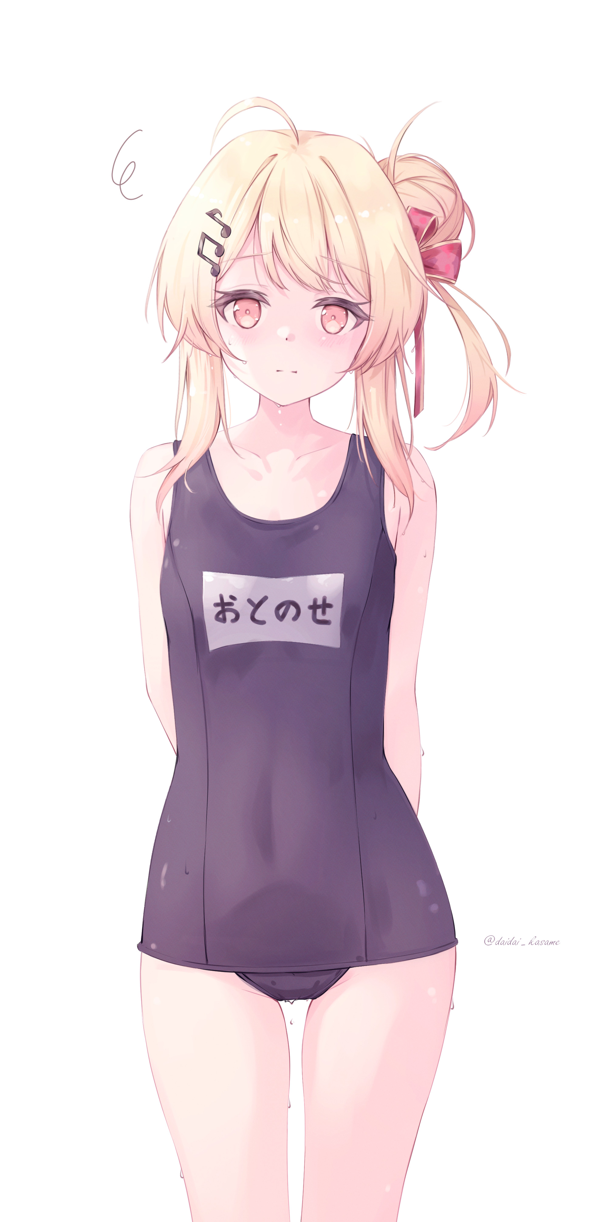 daidai (daidai826), otonose kanade, hololive, hololive dev is, absurdres, highres, 1girl, ahoge, alternate costume, alternate hairstyle, arms behind back, artist name, bare arms, bare shoulders, beamed eighth notes, blonde hair, blue one-piece swimsuit, closed mouth, collarbone, covered navel, cowboy shot, eighth note, flat chest, fortissimo, furrowed brow, hair bun, hair ornament, hair ribbon, hair up, light blush, light frown, looking at viewer, medium hair, musical note, musical note hair ornament, name tag, old school swimsuit, one-piece swimsuit, orange eyes, red ribbon, ribbon, school swimsuit, side ponytail, simple background, single hair bun, single side bun, solo, split mouth, squiggle, standing, straight-on, swimsuit, thighs, twitter username, virtual youtuber, water drop, wet, wet clothes, wet swimsuit, white background
