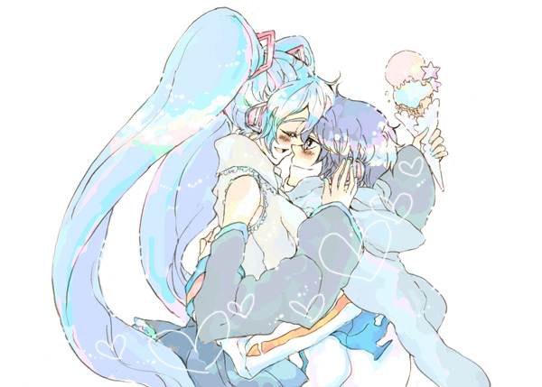 utai yumi, hatsune miku, kaito (vocaloid), vocaloid, 1boy, 1girl, blue hair, blue scarf, couple, food, hetero, holding, ice cream, long hair, scarf, short hair, twintails, very long hair