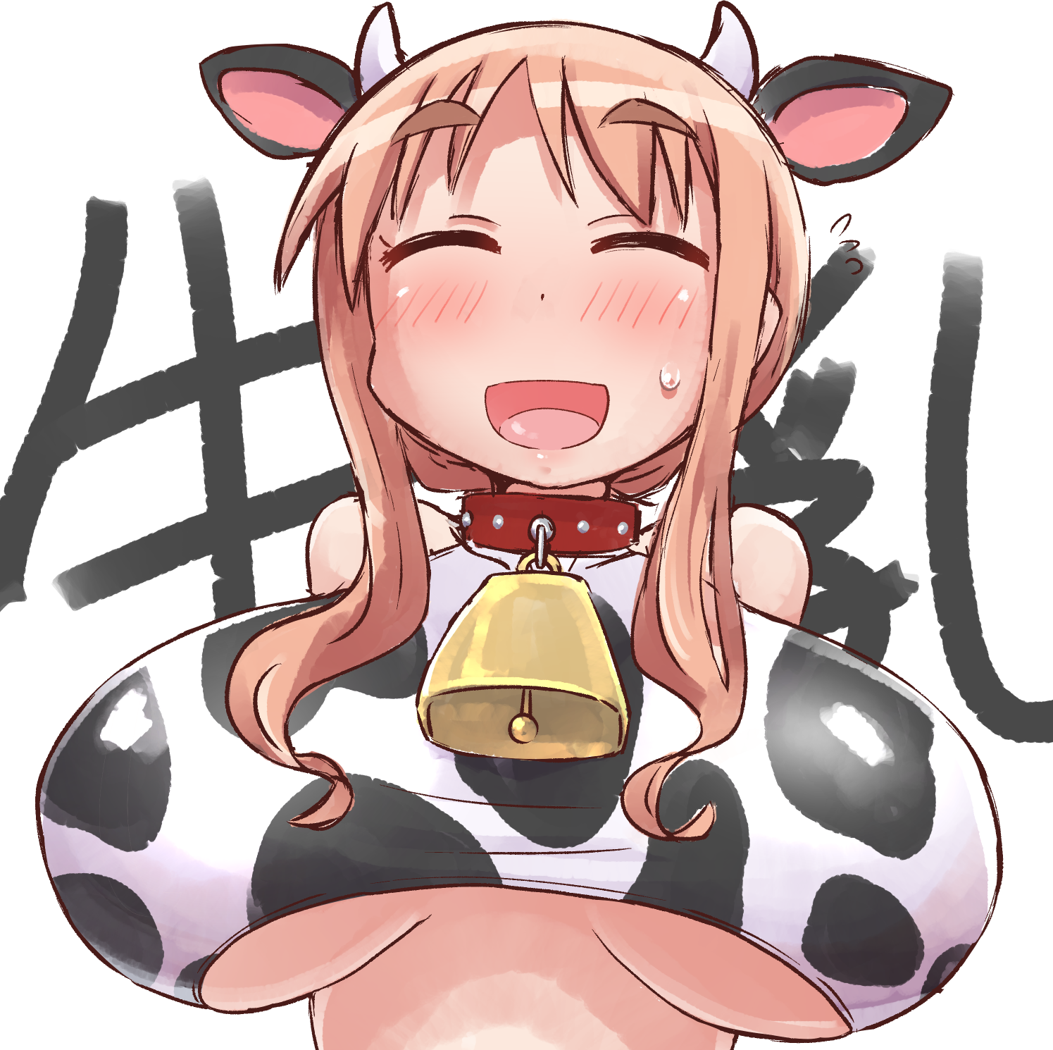 chiden, matsumoto yoriko, yuyushiki, highres, 1girl, ^ ^, animal ears, animal print, bell, blush, breasts, brown hair, closed eyes, collar, cow ears, cow horns, cow print, cowbell, crop top, horns, large breasts, long hair, mature female, open mouth, simple background, smile, sweatdrop, thick eyebrows, underboob