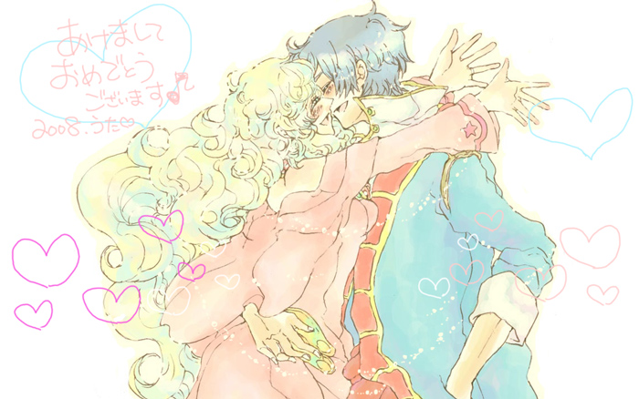 utai yumi, nia teppelin, simon (ttgl), tengen toppa gurren lagann, bad id, bad pixiv id, 00s, 1boy, 1girl, blue hair, blush, couple, curly hair, happy, hetero, multicolored hair, short hair, smile