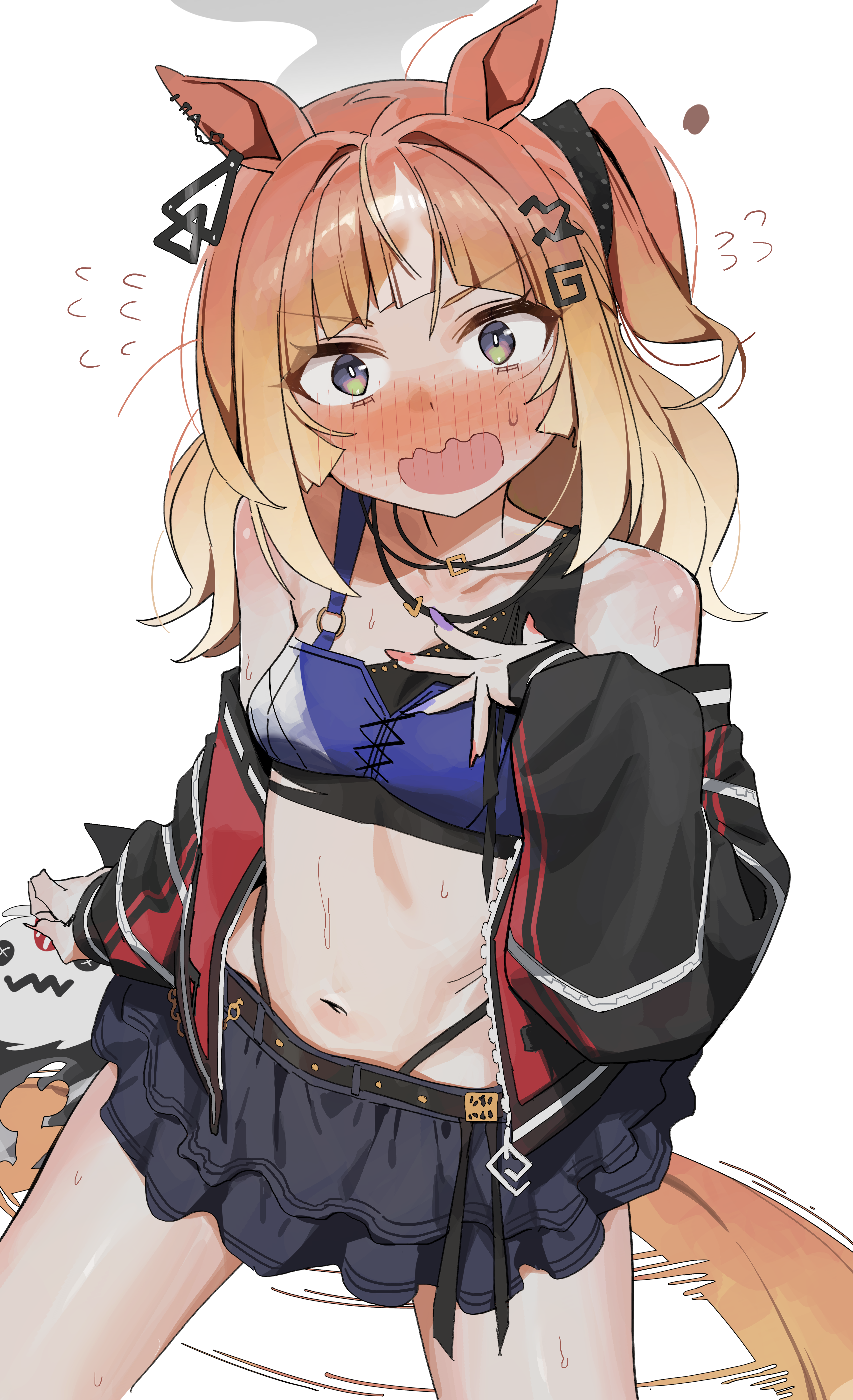 syhan, espoir city (red devil gear) (umamusume), espoir city (umamusume), umamusume, absurdres, commentary request, highres, korean commentary, 1girl, animal ears, bare shoulders, black jacket, black skirt, blush, brown hair, collarbone, crop top, flying sweatdrops, horse ears, horse girl, horse tail, jacket, jewelry, long sleeves, looking at viewer, medium hair, midriff, multicolored hair, navel, necklace, off shoulder, purple eyes, skirt, solo, sweatdrop, tail, v-shaped eyebrows, wavy mouth, white background