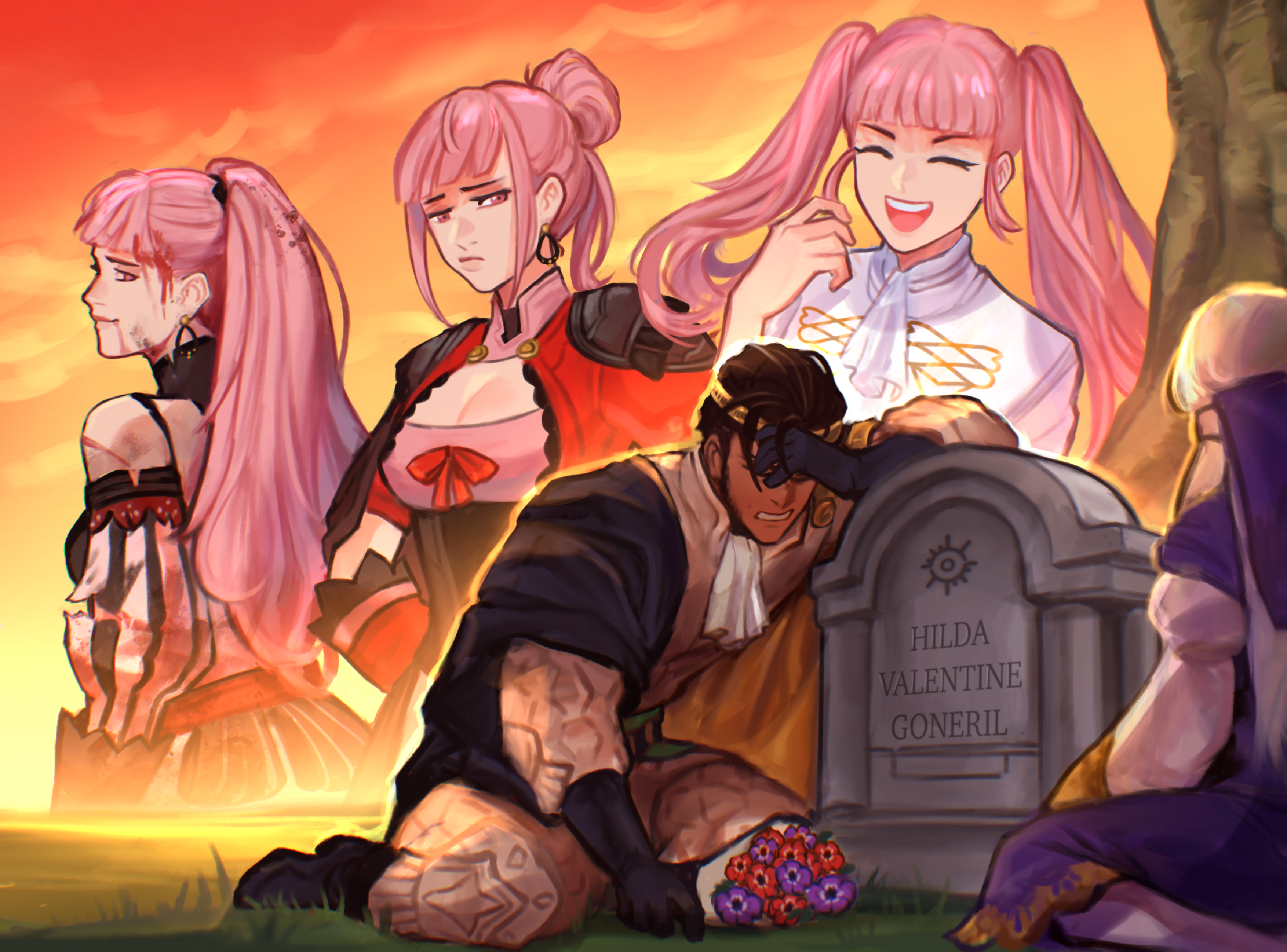 sethkiel, claude von riegan, claude von riegan (timeskip), hilda valentine goneril, hilda valentine goneril (timeskip), lysithea von ordelia, lysithea von ordelia (timeskip), fire emblem, fire emblem: three houses, fire emblem warriors: three hopes, nintendo, absurdres, commentary, commission, english commentary, highres, second-party source, 1boy, 2girls, :d, ^ ^, ascot, bare shoulders, black cape, black gloves, black hair, blunt bangs, bouquet, breasts, cape, cleavage, closed eyes, crying, detached sleeves, flower, garreg mach monastery uniform, gloves, holding, holding bouquet, jacket, medium breasts, multiple girls, multiple views, official alternate costume, official alternate hairstyle, open mouth, pants, pink hair, ponytail, purple flower, red flower, sidelocks, sitting, smile, sunset, tombstone, twintails, white ascot, white hair