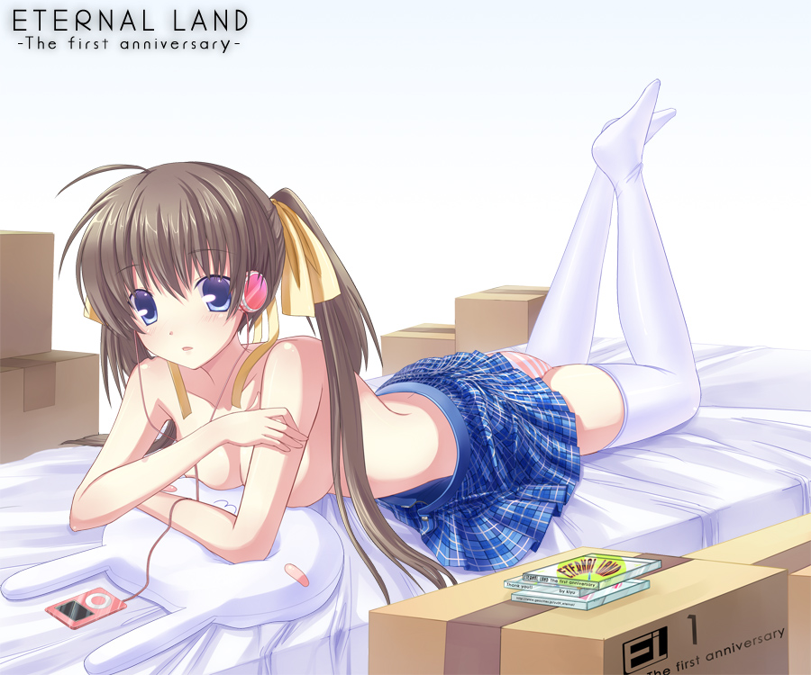 6u (eternal land), kiyu, original, bad id, bad pixiv id, 1girl, ahoge, bed, blue eyes, brown hair, digital media player, female focus, hair ribbon, headphones, ipod, ipod classic, ipod nano, ipod nano 3g, long hair, looking at viewer, lying, on bed, on stomach, panties, plaid clothes, plaid skirt, pleated skirt, ribbon, skirt, solo, striped clothes, striped panties, the pose, thighhighs, topless female, twintails, underwear, white thighhighs