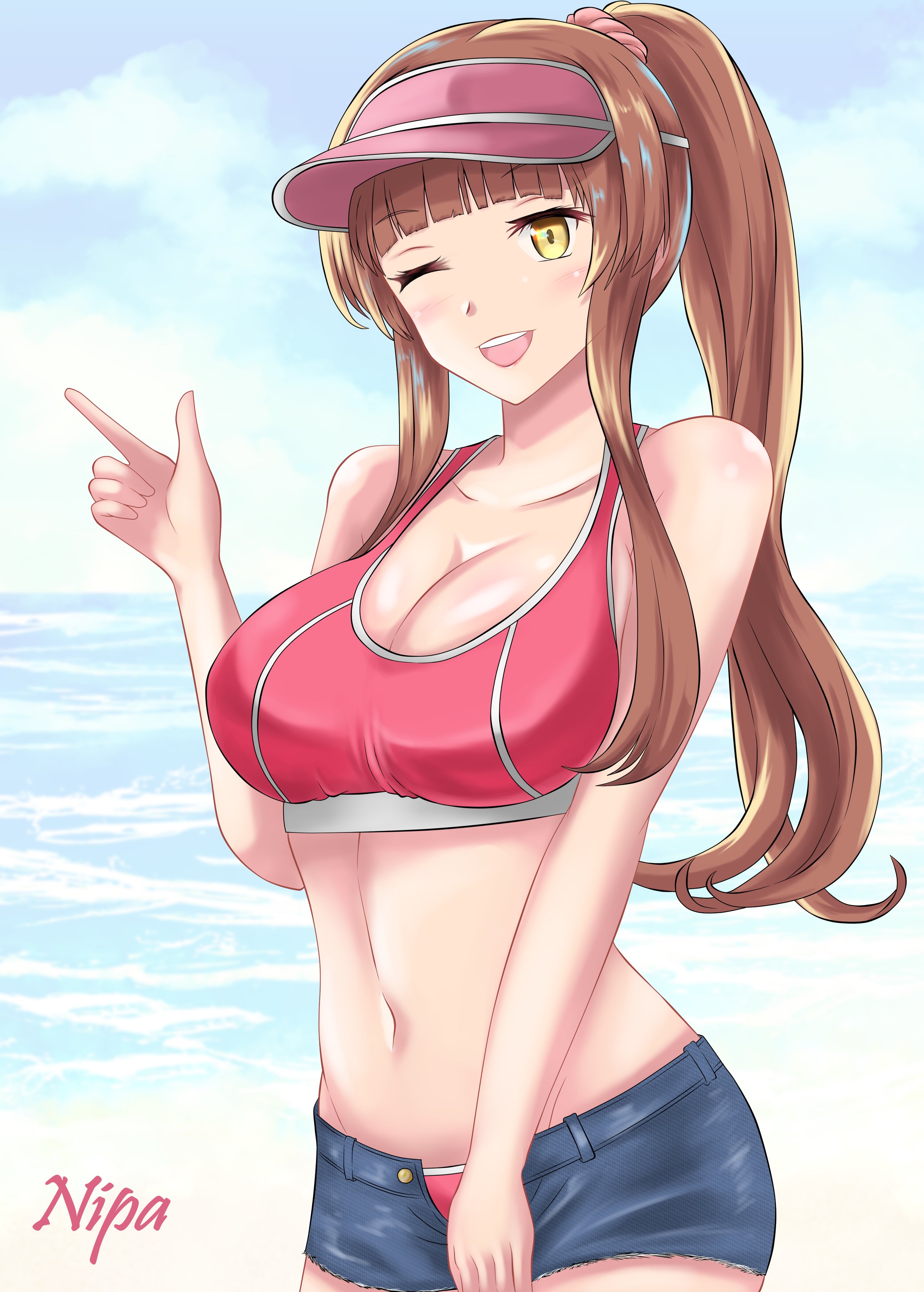 nipa (graf xsr900), helena (kancolle), kantai collection, absurdres, highres, 1girl, alternate costume, alternate hairstyle, artist name, bikini, blue shorts, blue sky, blunt bangs, breasts, brown hair, cleavage, cloud, cowboy shot, day, denim, denim shorts, horizon, large breasts, ocean, one eye closed, open fly, outdoors, pink visor, ponytail, red bikini, shorts, sky, smile, solo, sports bikini, swimsuit, visor cap, yellow eyes