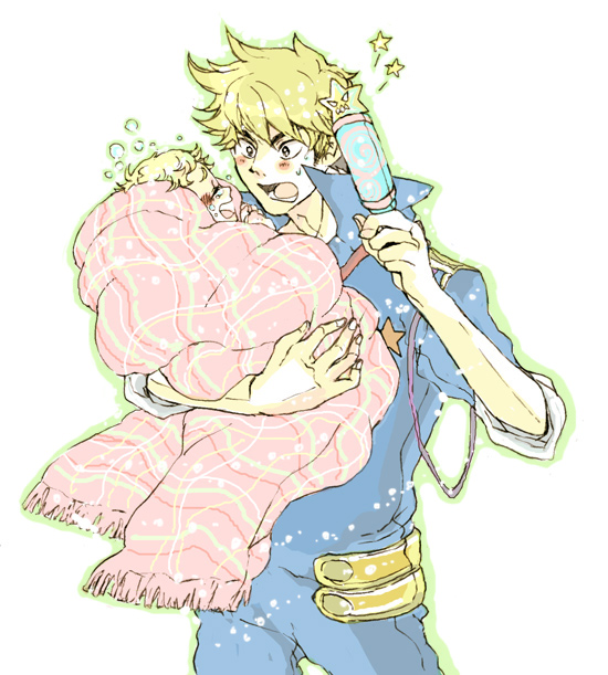 utai yumi, anne (ttgl), kittan bachika, tengen toppa gurren lagann, 00s, 1boy, 1girl, baby, blanket, blonde hair, blush, holding, rattle, short hair, tears