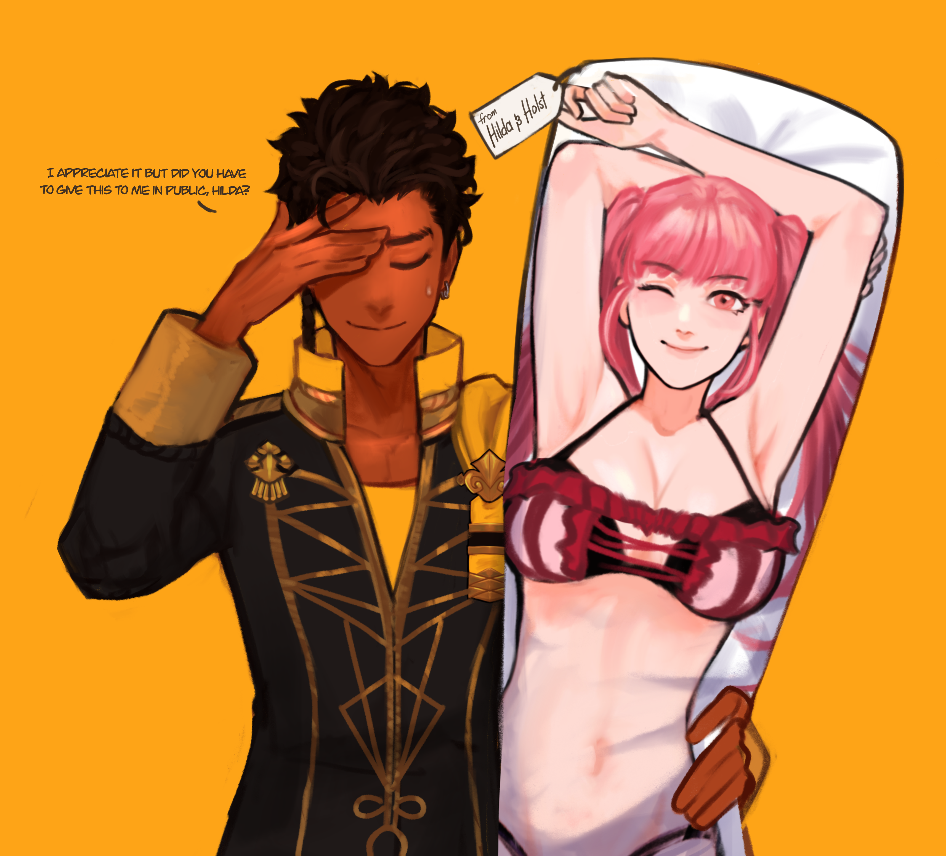 sethkiel, claude von riegan, hilda valentine goneril, hilda valentine goneril (summer), fire emblem, fire emblem: three houses, fire emblem heroes, nintendo, absurdres, commentary, english commentary, highres, second-party source, 1boy, ;), bikini, breasts, character name, cleavage, closed eyes, closed mouth, dakimakura (object), dark-skinned male, dark skin, english text, facepalm, garreg mach monastery uniform, holding, holding pillow, long hair, long sleeves, medium breasts, navel, official alternate costume, one eye closed, pillow, pink bikini, pink hair, simple background, smile, solo, stomach, sweatdrop, swimsuit, twintails, yellow background