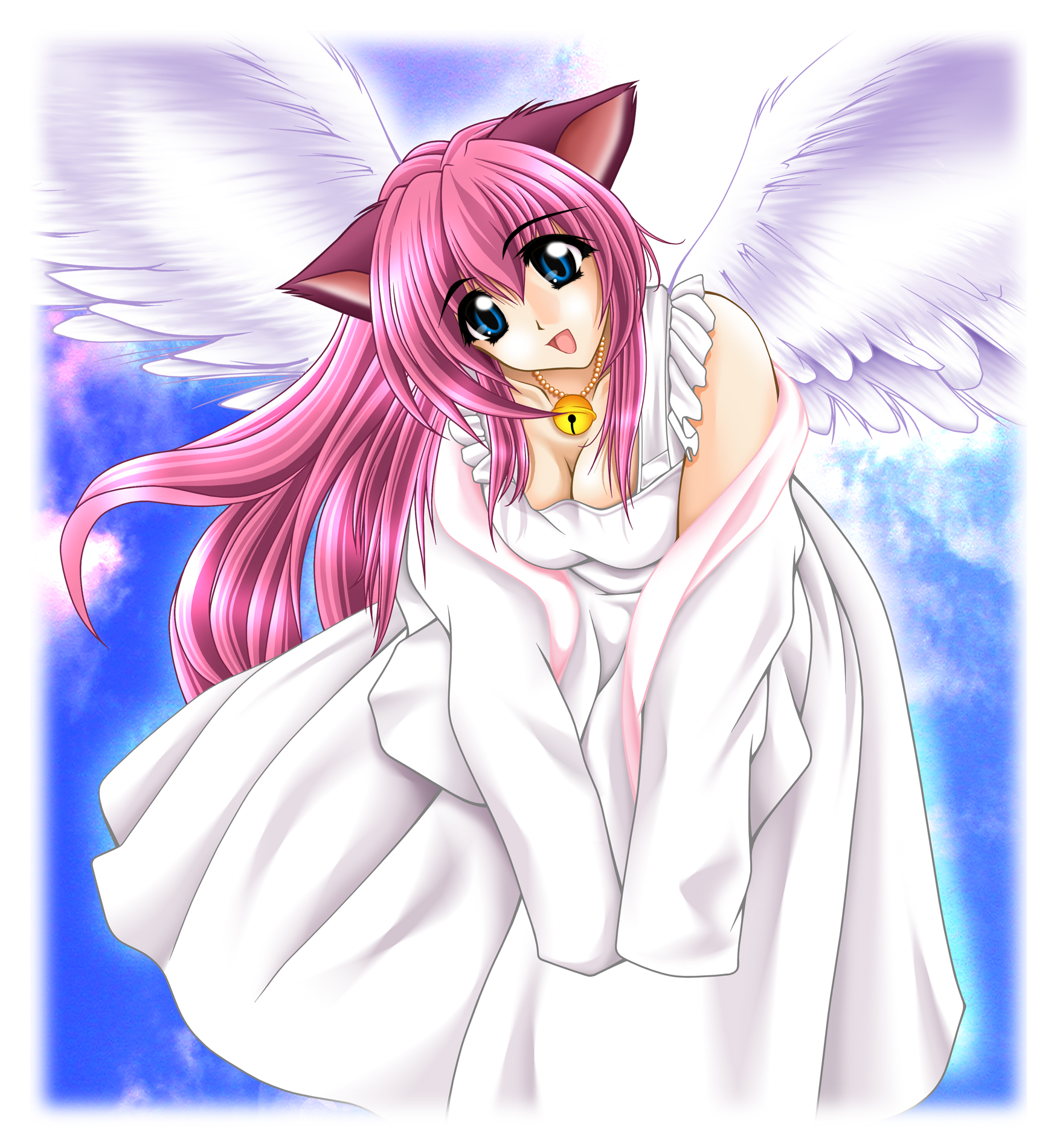 tomoya kankurou, original, highres, 1girl, animal ears, bell, blue eyes, breasts, cat ears, cleavage, dress, female focus, large breasts, pink hair, solo, wings