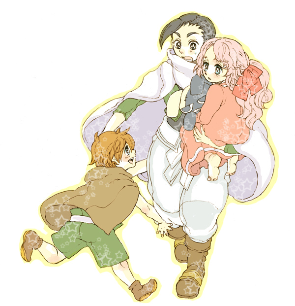 utai yumi, darry adai, gimmy adai, rossiu adai, tengen toppa gurren lagann, 00s, 1girl, 2boys, blue eyes, boots, carrying, cloak, multiple boys, pink hair, ponytail