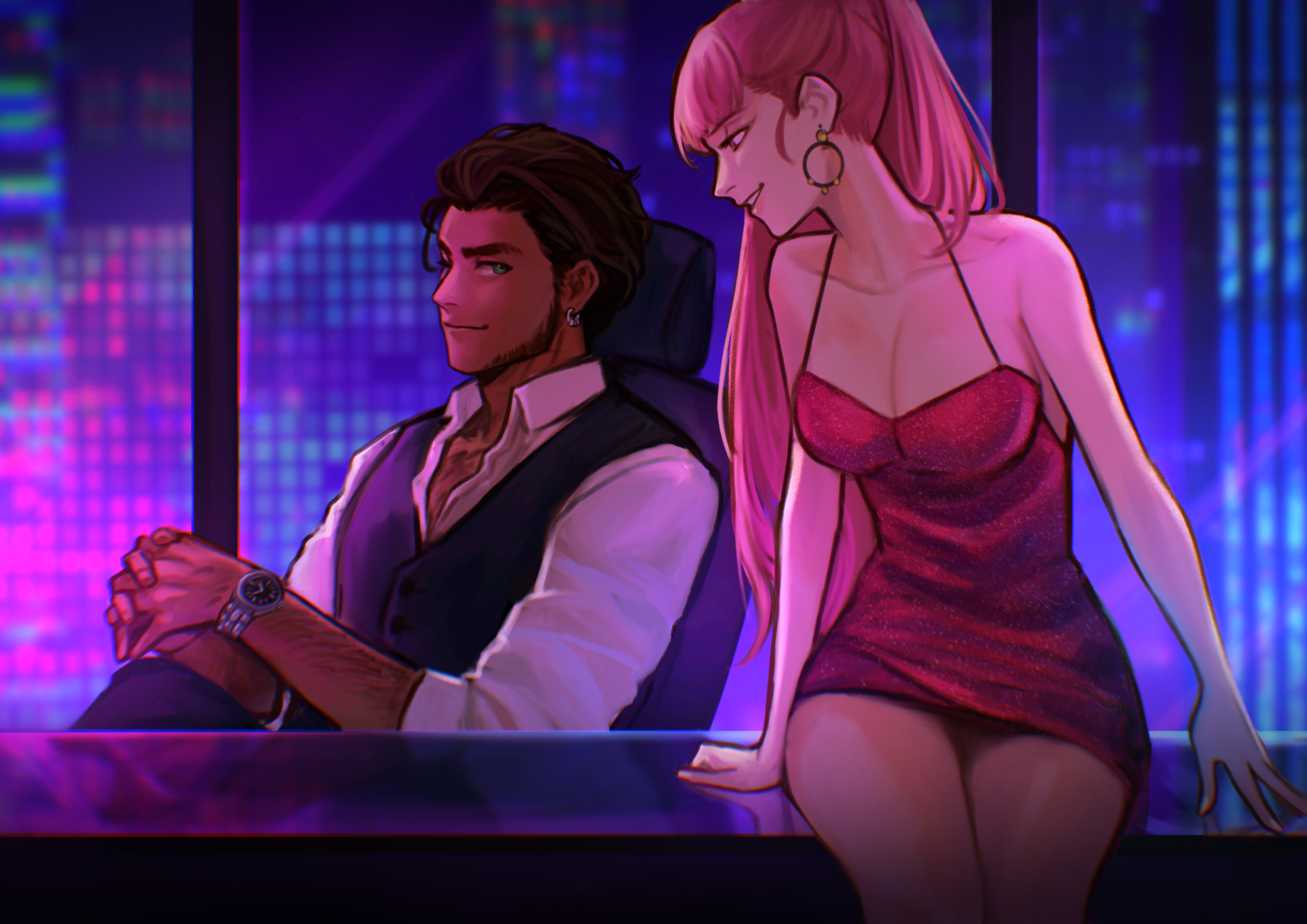sethkiel, claude von riegan, claude von riegan (timeskip), hilda valentine goneril, hilda valentine goneril (timeskip), fire emblem, fire emblem: three houses, nintendo, absurdres, commentary, english commentary, highres, second-party source, 1boy, 1girl, alternate costume, alternate universe, black vest, blurry, blurry background, breasts, brown hair, cleavage, contemporary, covered navel, dark skin, dress, earrings, green eyes, jewelry, large breasts, looking at another, night, pink hair, red dress, shaded face, shirt, sitting, sleeves rolled up, smile, spaghetti strap, thighs, vest, watch, white shirt, wristwatch