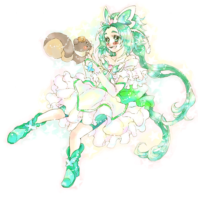 utai yumi, akimoto komachi, cure mint, nuts (yes! precure 5), precure, yes! precure 5, 00s, 1girl, bike shorts, blush, boots, dress, frills, green hair, green shorts, long hair, shorts, shorts under skirt, smile, squirrel