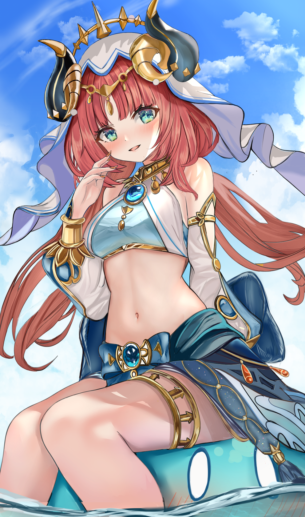 mitsu336, hydro slime (genshin impact), nilou (genshin impact), slime (genshin impact), genshin impact, commentary request, highres, 1girl, aqua eyes, bare shoulders, blue gemstone, blue sky, blush, breasts, circlet, crop top, day, detached sleeves, fake horns, fingernails, gem, gold trim, horns, jewelry, long hair, long sleeves, looking at viewer, medium breasts, navel, outdoors, parted bangs, parted lips, puffy long sleeves, puffy sleeves, red hair, sitting, sky, solo, stomach, thighlet, veil, very long hair, white veil