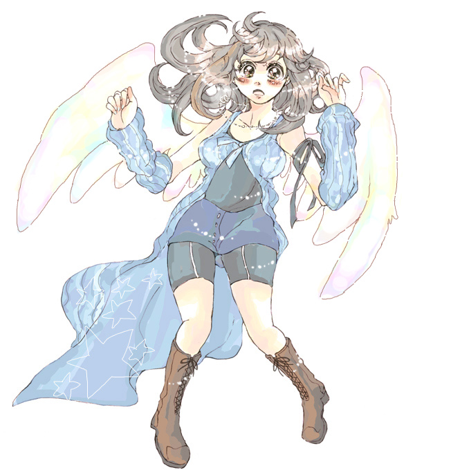 utai yumi, rinoa heartilly, final fantasy, final fantasy viii, bad id, bad pixiv id, 1990s (style), 1girl, bike shorts, black hair, blush, boots, female focus, full body, retro artstyle, simple background, skirt, solo, wings