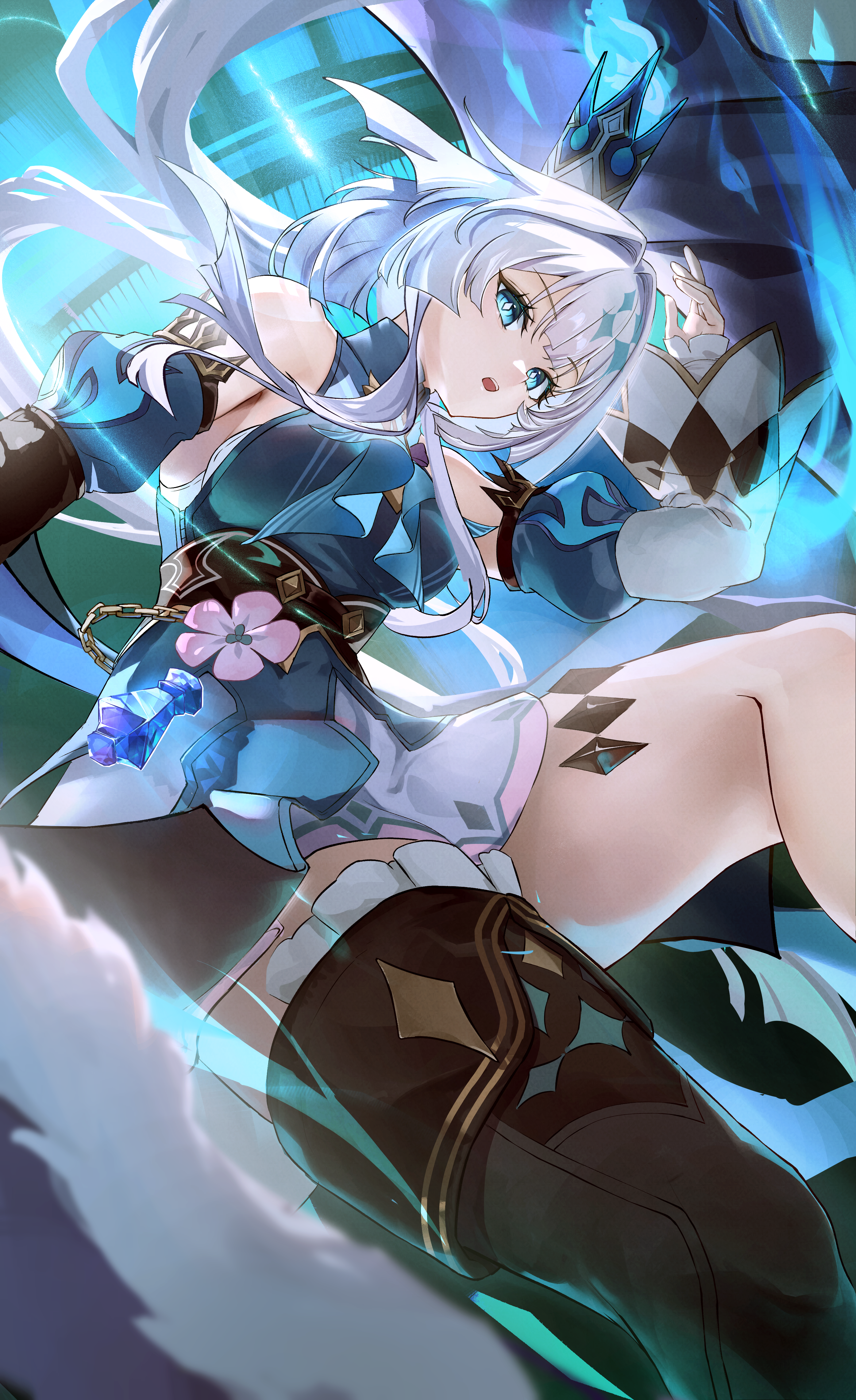 otabaaa, cerydra (honkai: star rail), honkai: star rail, honkai (series), absurdres, highres, revision, 1girl, black thighhighs, blue dress, blue eyes, blue hair, breasts, crown, detached sleeves, dress, hair intakes, long hair, medium breasts, open mouth, single thighhigh, solo, thighhighs, thighs, wings