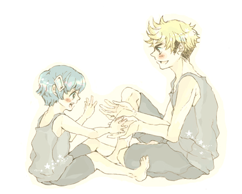 utai yumi, kittan bachika, kiyal bachika, tengen toppa gurren lagann, lowres, 00s, 1boy, 1girl, aged down, barefoot, bike shorts, black hair, blonde hair, blue hair, blush, brother and sister, hair ornament, multicolored hair, open mouth, short hair, shorts, siblings, sitting, tank top, two-tone hair