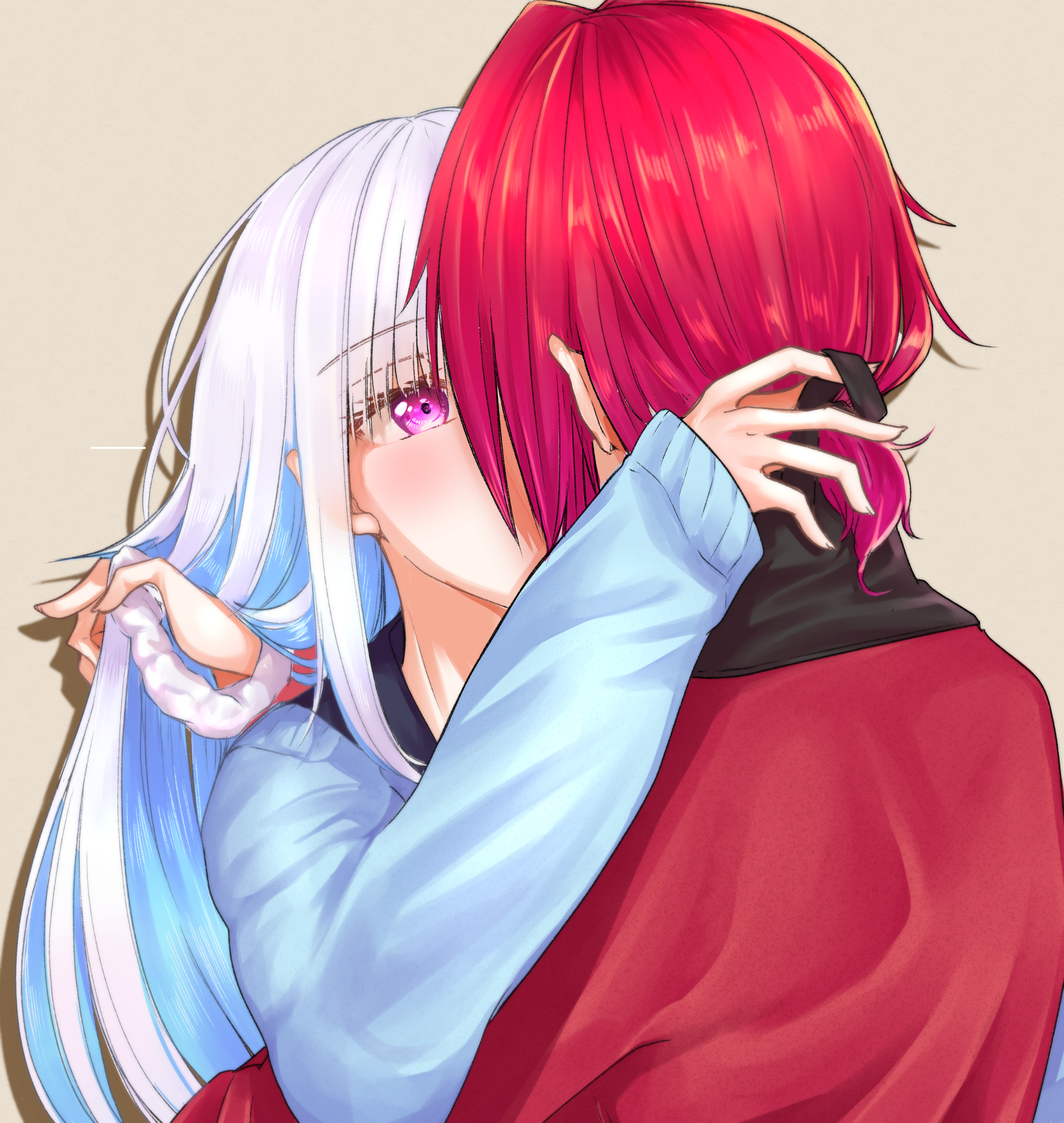 ange katrina, ange katrina (1st costume), lize helesta, nijisanji, absurdres, commentary request, highres, 2girls, black ribbon, blue cardigan, blue hair, blush, cardigan, colored inner hair, drop shadow, grey background, hair ribbon, hand in another's hair, hand up, kiss, long hair, low ponytail, multicolored hair, multiple girls, pokkii (orikaden01), ponytail, purple eyes, red cardigan, red hair, ribbon, short ponytail, simple background, two-tone hair, virtual youtuber, white hair, yuri
