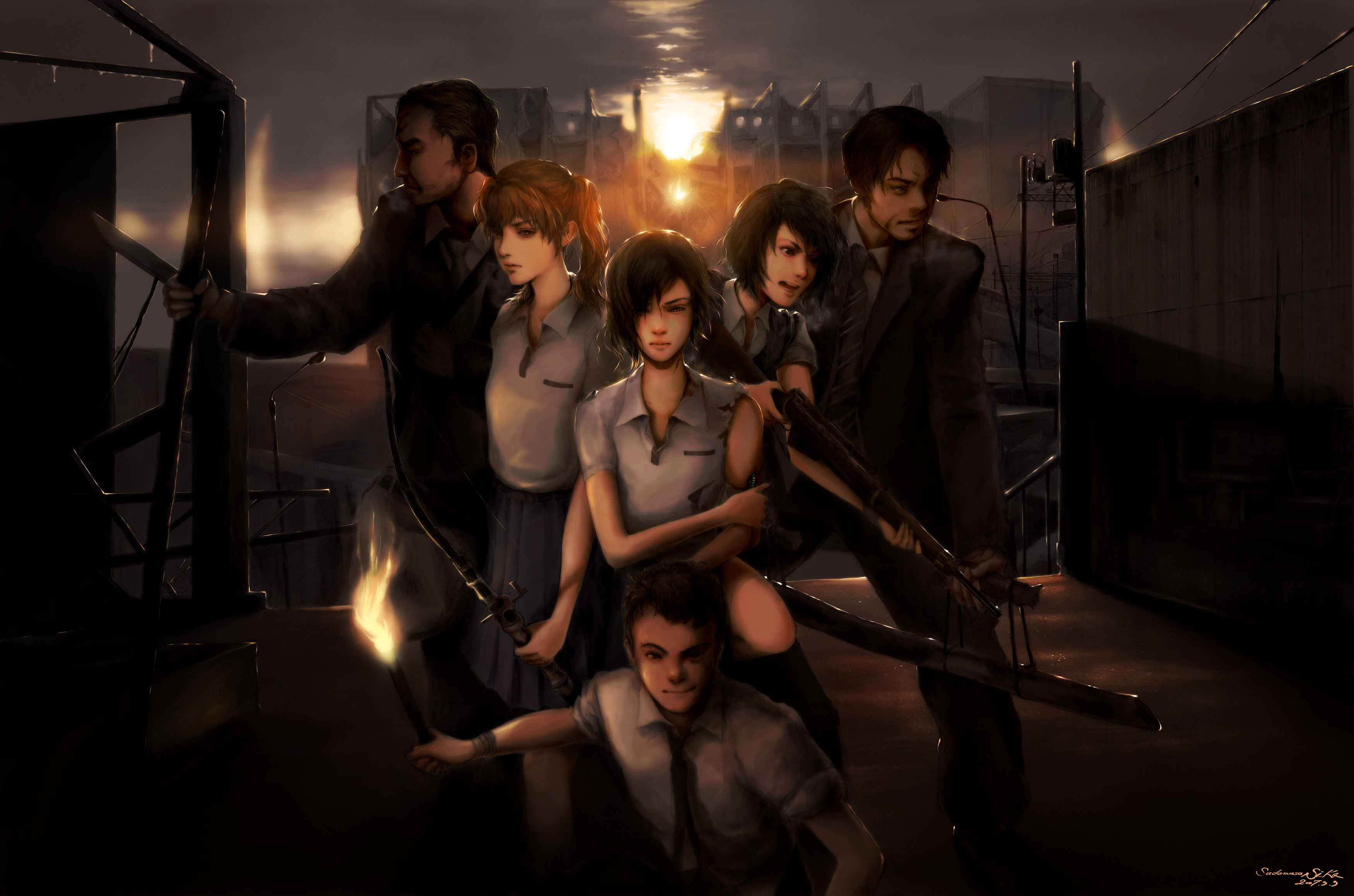 shiika sadamasa, original, absurdres, highres, 3boys, 3girls, beard, bow (weapon), dark, facial hair, formal clothes, gun, hair over one eye, knife, multiple boys, multiple girls, ponytail, power lines, realistic, rifle, ruins, school uniform, serafuku, short hair, skirt, suit, sunset, torch, torn clothes, weapon