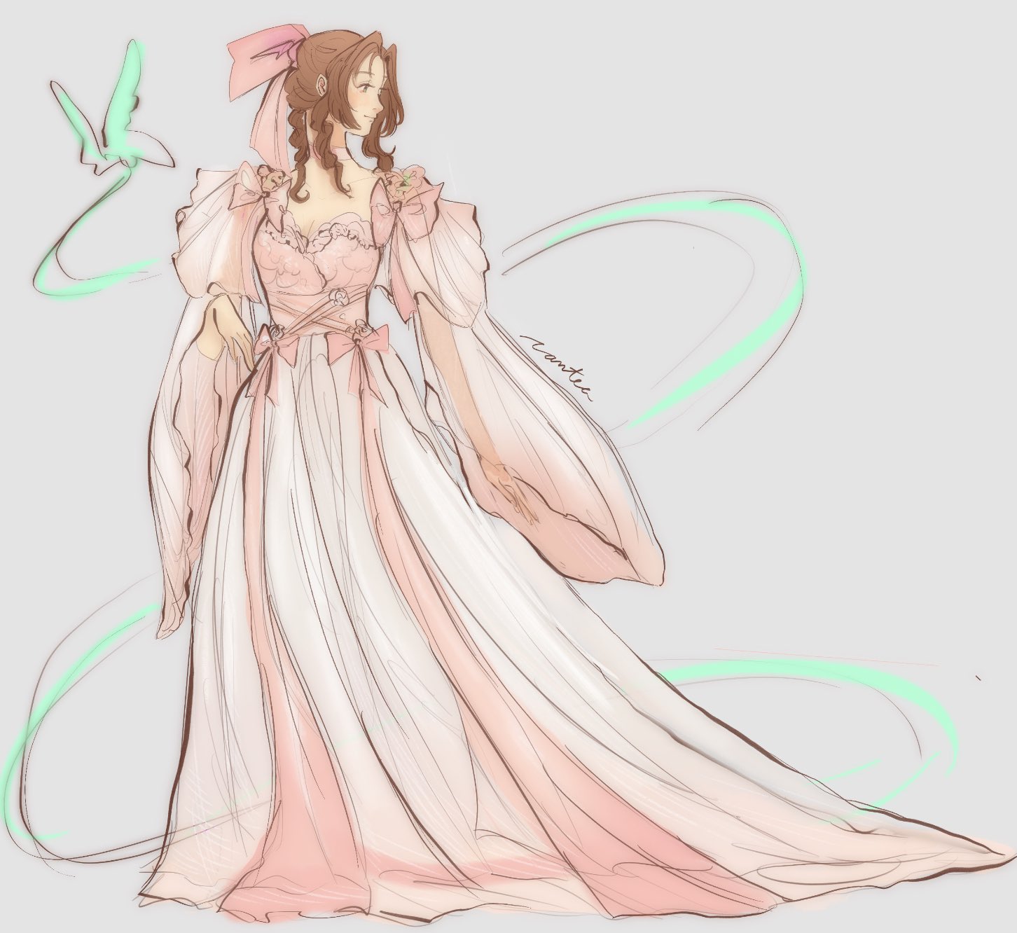 canteatea, aerith gainsborough, final fantasy, final fantasy vii, highres, 1girl, alternate costume, artist name, bow, braid, braided ponytail, breasts, brown hair, bug, butterfly, cleavage, dress, dress bow, full body, hair over shoulder, hair ribbon, insect, long dress, long hair, medium breasts, parted bangs, pink bow, pink dress, pink ribbon, ribbon, see-through clothes, see-through sleeves, sidelocks, single braid, sketch, solo, standing, wide sleeves