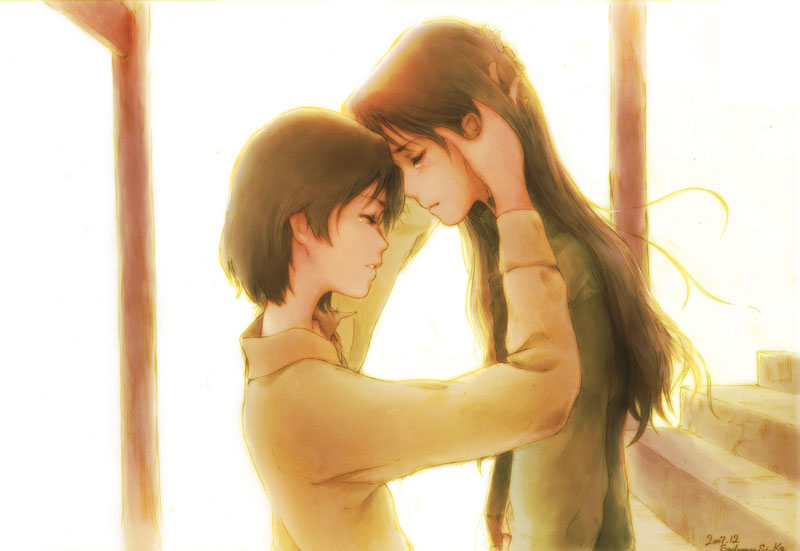 shiika sadamasa, amasawa yuuko, okonogi yuuko, dennou coil, 00s, 2girls, backlighting, brown hair, closed eyes, long hair, multiple girls, short hair, stairs, sunset, yuri