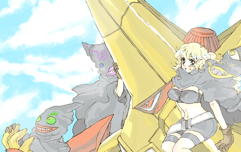 utai yumi, king kittan, kinon bachika, kiyal bachika, kiyoh bachika, tengen toppa gurren lagann, bad id, bad pixiv id, 00s, belt, bike shorts, blonde hair, blue eyes, cloak, gloves, smile