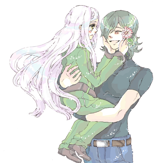 utai yumi, allelujah haptism, soma peries, gundam, gundam 00, 00s, 1boy, 1girl, belt, blush, couple, flower, happy, hetero, holding, long hair