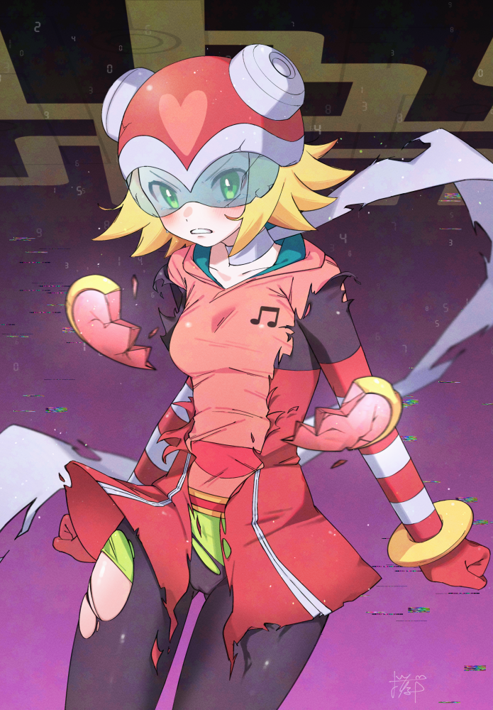 sakuraba (cerisier x), harp note (mega man), sonia strumm (mega man), mega man (series), mega man star force (series), 1girl, black pantyhose, blonde hair, breasts, closed mouth, gloves, green eyes, helmet, hood, hoodie, looking at viewer, medium breasts, musical note, musical note print, panties, pantyhose, pink hoodie, red gloves, red helmet, short hair, skirt, solo, torn clothes, torn hoodie, torn pantyhose, torn skirt, underwear, yellow panties