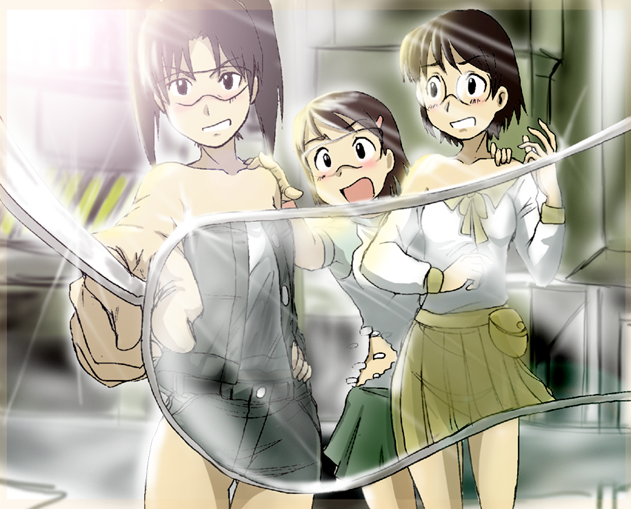 takaya n, amasawa yuuko, hashimoto fumie, okonogi yuuko, dennou coil, visor, 00s, 3girls, augmented reality, bare shoulders, blush, brown hair, digital dissolve, exhibitionism, false clothes, foreshortening, glasses, glasses view, grin, hair ornament, hairclip, jacket, looking at viewer, multiple girls, nude, outdoors, pov, public indecency, raglan sleeves, reverse x-ray, short hair, skirt, smile, sunlight, twintails