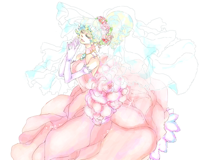 utai yumi, nia teppelin, tengen toppa gurren lagann, 00s, bridal veil, bride, closed eyes, dress, flower, gloves, jewelry, lipstick, makeup, multicolored hair, ponytail, solo, veil, wedding, wedding dress