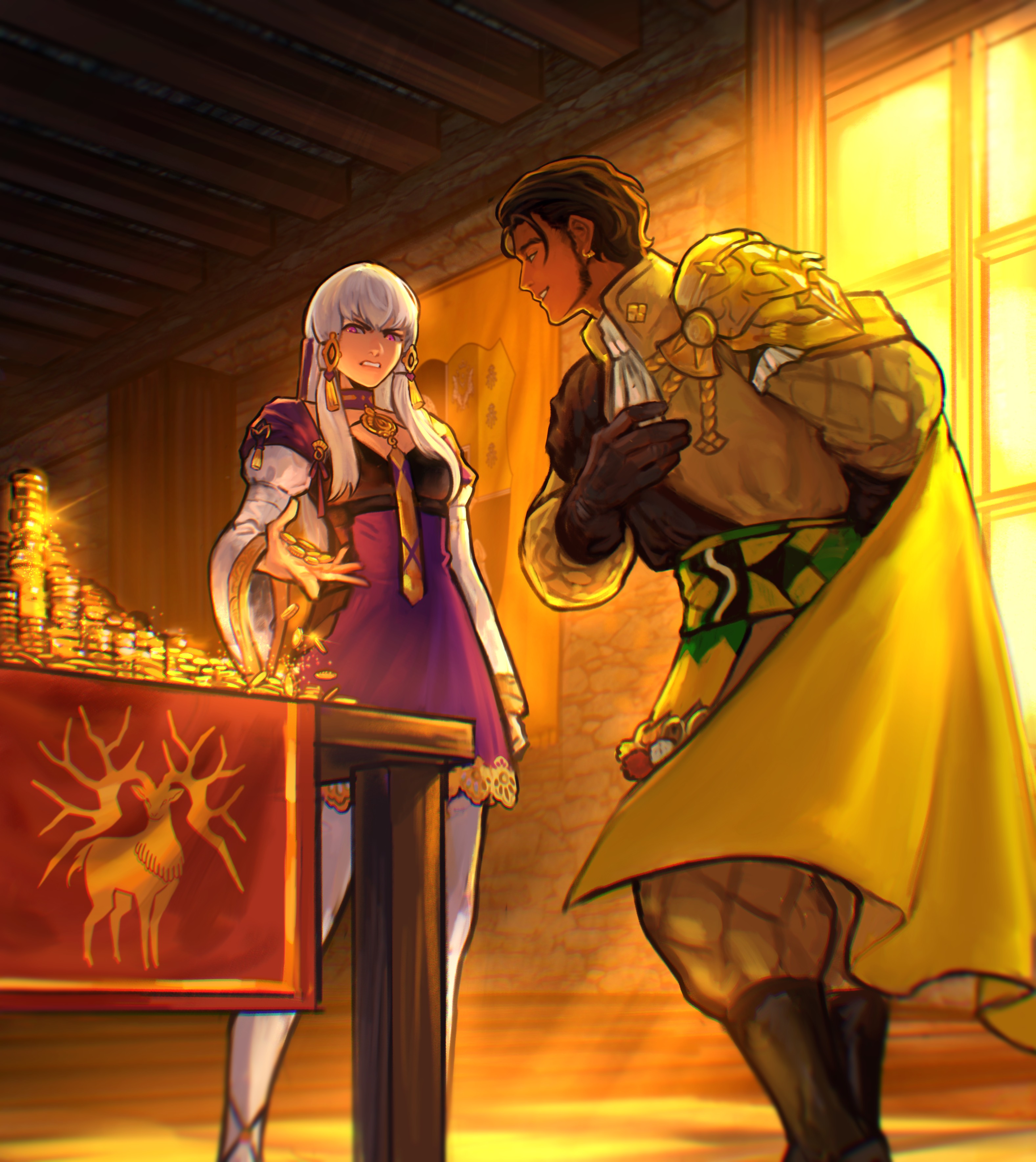 sethkiel, claude von riegan, claude von riegan (timeskip), lysithea von ordelia, lysithea von ordelia (timeskip), fire emblem, fire emblem: three houses, nintendo, absurdres, commentary, english commentary, highres, second-party source, 1boy, 1girl, arm behind back, black gloves, breasts, brown hair, cape, coin, dark-skinned male, dark skin, deer print, dress, gloves, gold coin, green eyes, grin, indoors, long hair, long sleeves, looking at another, pink eyes, purple dress, purple eyes, short hair, small breasts, smile, standing, white hair, window, yellow cape