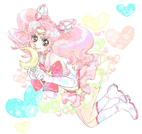 utai yumi, chibi usa, sailor chibi moon, super sailor chibi moon (stars), bishoujo senshi sailor moon, bishoujo senshi sailor moon (first season), bishoujo senshi sailor moon sailor stars, bishoujo senshi sailor moon stars, lowres, 1990s (style), 1girl, blush, boots, brooch, child, cone hair bun, curly hair, female focus, gloves, hair bun, heart, jewelry, knee boots, magical girl, moon stick, pink eyes, pink hair, pink theme, retro artstyle, skirt, smile, solo, star brooch, tiara, twintails, wand, white boots, white gloves