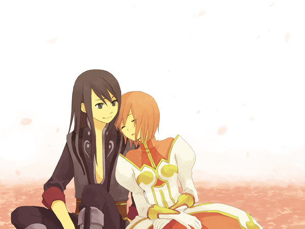 nako (pixiv 125342), shirataki nako, estellise sidos heurassein, yuri lowell, tales of (series), tales of vesperia, bad id, bad pixiv id, 00s, 1boy, 1girl, boots, closed eyes, gloves, long hair, pink hair, short hair, smile