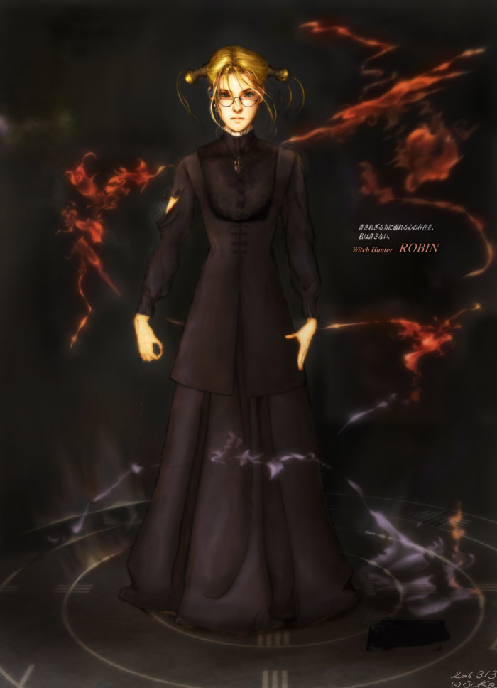 shiika sadamasa, robin sena, witch hunter robin, 00s, 1girl, 2006, blonde hair, copyright name, dark, dated, dress, female focus, fire, glasses, green eyes, jewelry, necklace, solo, torn clothes, twintails