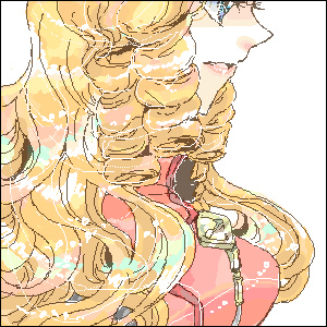 utai yumi, arisugawa juri, shoujo kakumei utena, shoujo kakumei utena adolescence mokushiroku, lowres, 1990s (style), 1girl, blue eyes, curly hair, female focus, from side, long hair, oekaki, orange hair, portrait, retro artstyle, simple background, solo, white background