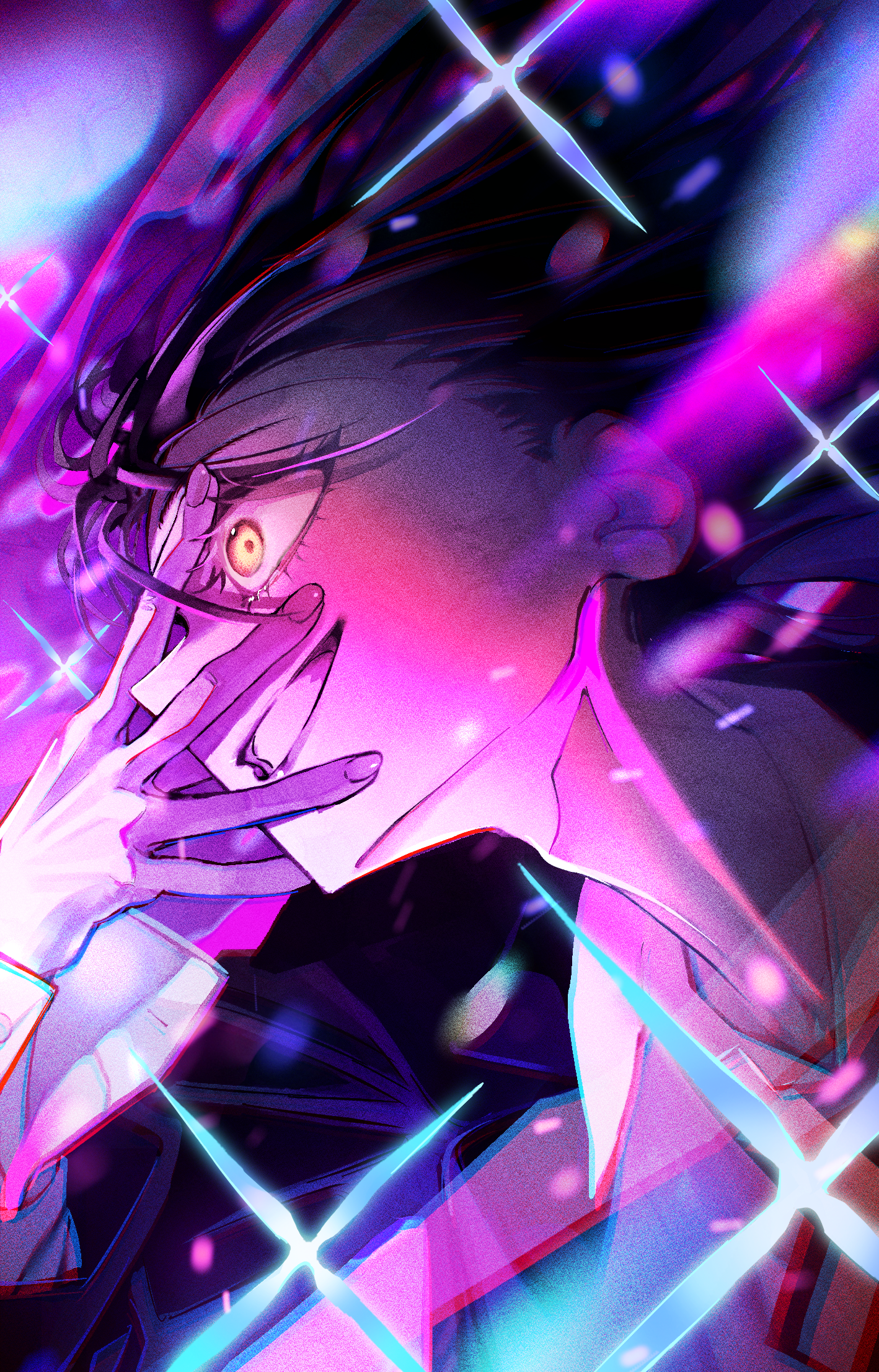 erimaki (erimaki2340061), nyaan (gundam gquuuuuux), gundam, gundam gquuuuuux, commentary, highres, 1girl, floating hair, from side, hand on own face, long hair, purple hair, smile, solo, teeth, yellow eyes