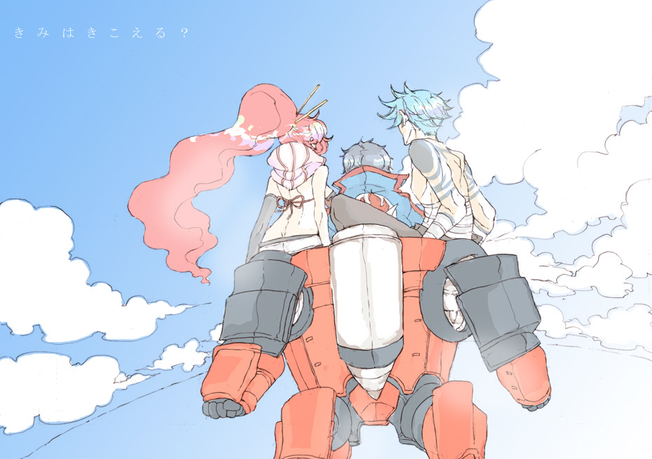 utai yumi, kamina (ttgl), lagann, simon (ttgl), yoko littner, tengen toppa gurren lagann, 00s, 1girl, 2boys, blue hair, chopsticks, cloud, day, from behind, long hair, multiple boys, ponytail, sky