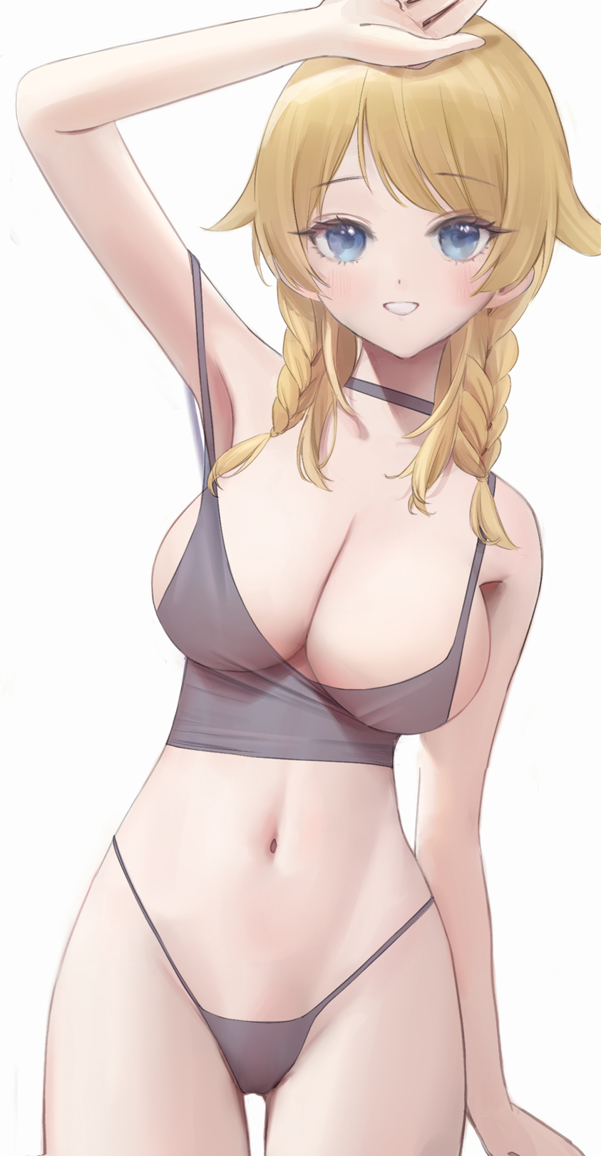 anouetto, hachimiya meguru, idolmaster, idolmaster shiny colors, highres, 1girl, arm on own head, arm up, armpits, blonde hair, blue eyes, braid, breasts, camisole, choker, cleavage, cowboy shot, hair flaps, highleg, highleg panties, large breasts, looking at viewer, navel, panties, pink camisole, pink choker, pink panties, smile, solo, strap slip, twin braids, underwear, white background