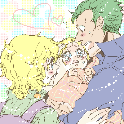 utai yumi, anne (ttgl), dayakka, kiyoh bachika, tengen toppa gurren lagann, bad id, bad pixiv id, lowres, 00s, 1boy, 2girls, baby, blonde hair, blue eyes, blush, couple, family, father and daughter, green hair, hetero, mother and daughter, multiple girls, oekaki, short hair, tears