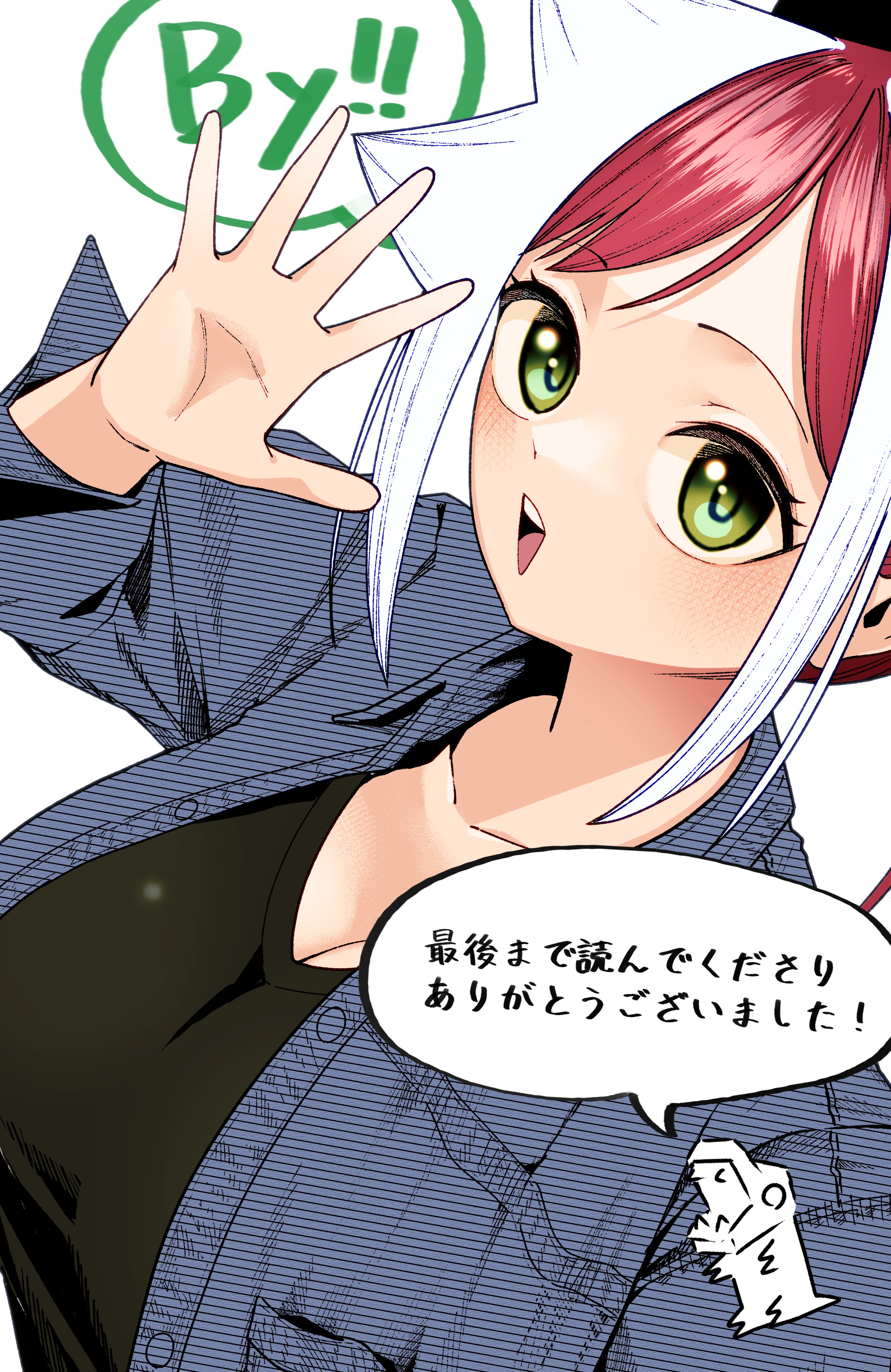 yoshida tatsuya, absurdres, highres, official art, artist self-insert, black shirt, blue jacket, breasts, cleavage, green eyes, jacket, kaijin mira no dai 2 keitai ga kawaisugiru, large breasts, light blush, long sleeves, looking at viewer, open clothes, open jacket, open mouth, red hair, shirt, smile, speech bubble, upper body, waving arm, white hair
