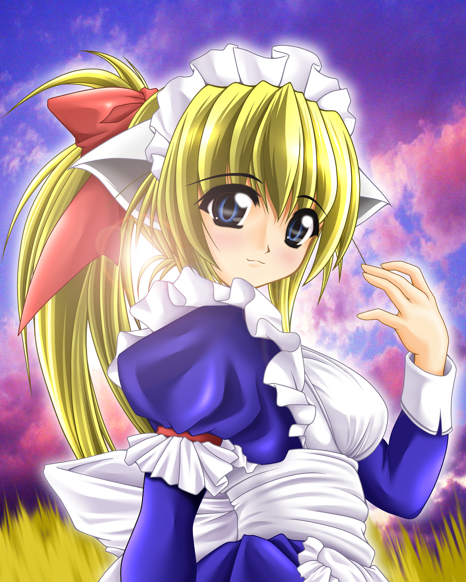 tomoya kankurou, original, highres, 1girl, animal ears, apron, blonde hair, blue eyes, bow, cat ears, female focus, hair bow, high ponytail, lens flare, long hair, maid, maid apron, ponytail, red bow, solo, very long hair