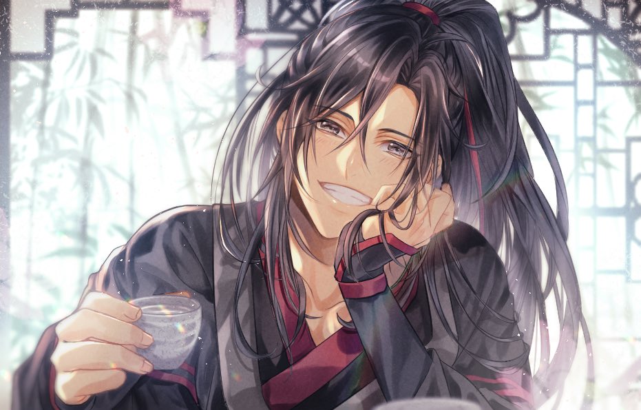 soubi1022, wei wuxian, modao zushi, 1boy, ahoge, alcohol, bamboo, black hair, black hanfu, chinese clothes, choko (cup), cup, elbow rest, grey eyes, grin, hair between eyes, hair ribbon, hand in own hair, hand on own cheek, hand on own face, hanfu, head rest, holding, holding cup, indoors, lattice, light particles, long hair, long sleeves, looking at viewer, male focus, ponytail, red ribbon, ribbon, robe, round window, sidelocks, sleeves past wrists, smile, solo, upper body, wide sleeves, window