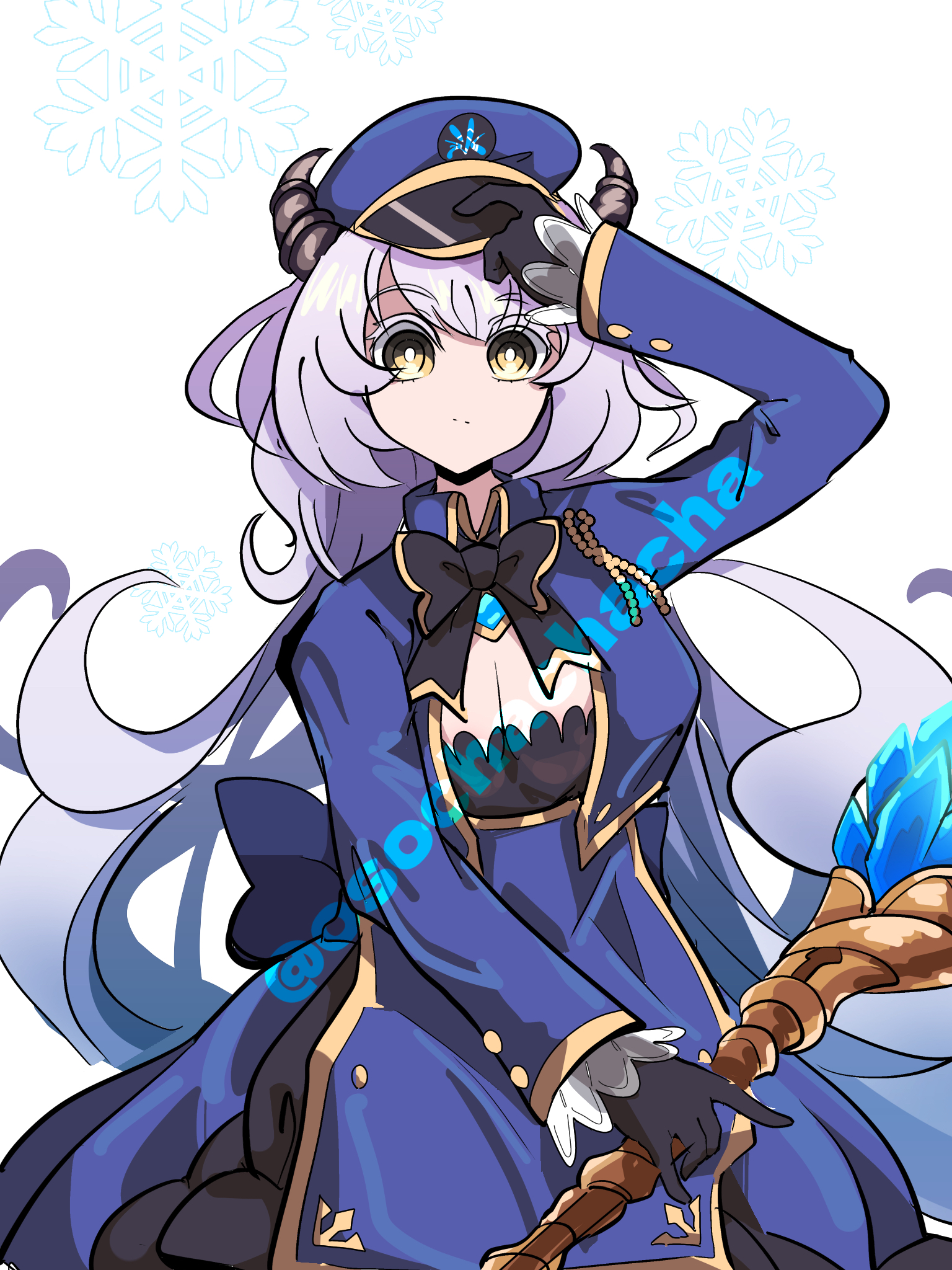 socha desuga…, mir inverno (gakuen) (grimms notes), mir inverno (grimms notes), grimms notes, grimms notes gakuen, blue hat, breasts, closed mouth, hat, holding, holding staff, horns, long hair, simple background, staff, twitter username, white background, yellow eyes