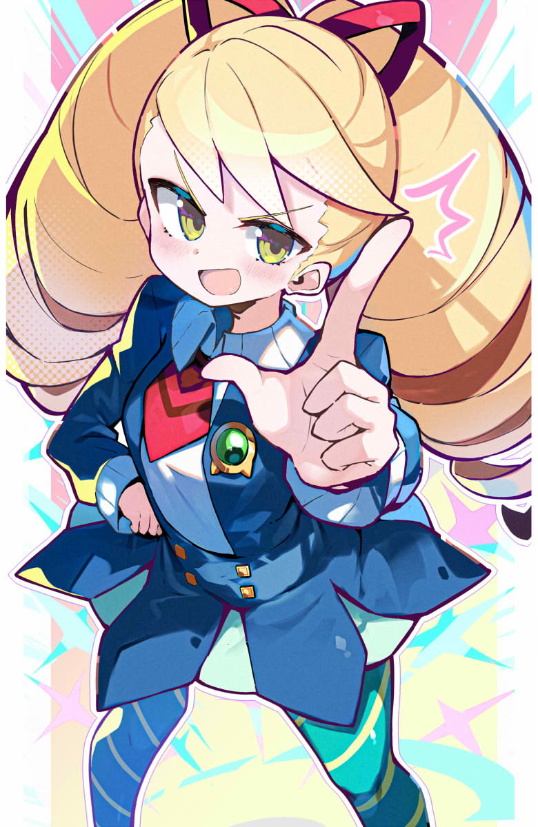 omochishiki, luna platz (mega man), mega man (series), mega man star force (series), highres, 1girl, blonde hair, blue pantyhose, blue vest, drill hair, long hair, looking at viewer, open mouth, pantyhose, pointing, pointing at viewer, shirt, skirt, smile, solo, twin drills, very long hair, vest, white shirt, white skirt, yellow eyes